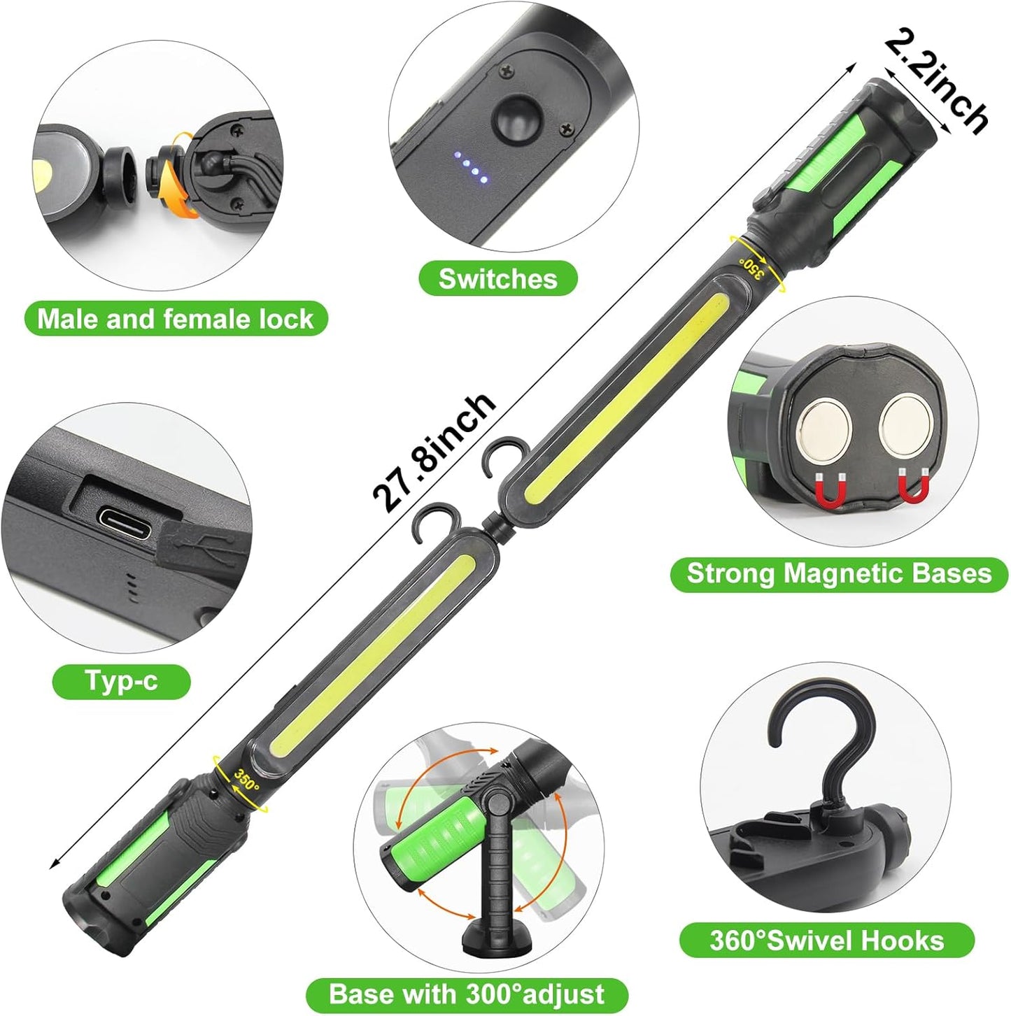 SYLSTAR Work Light for Mechanic, 2400LM LED, 4400mAh Rechargeable, Magnetic, Underhood Work Light with Hooks for Car Repairing/Inspection/Garage/Workshop/Emergency