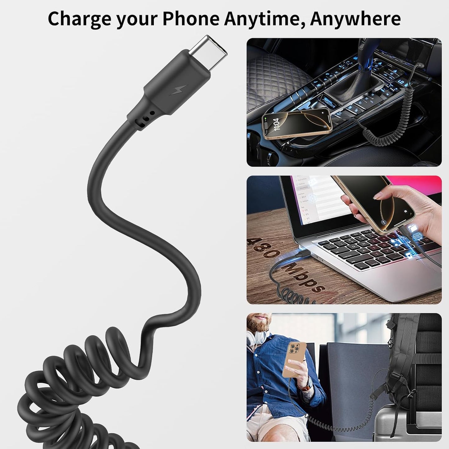 Coiled USB C Cable for Car 2Pack 3ft, USB to USBC Coiled Cord for iPhone 16 15 Pro Max, 3A USB Type C Retractable Cable Fast Charging with Galaxy S23 S22 S21 S20, Note 20 10 A10e A20 A50, Moto G LG