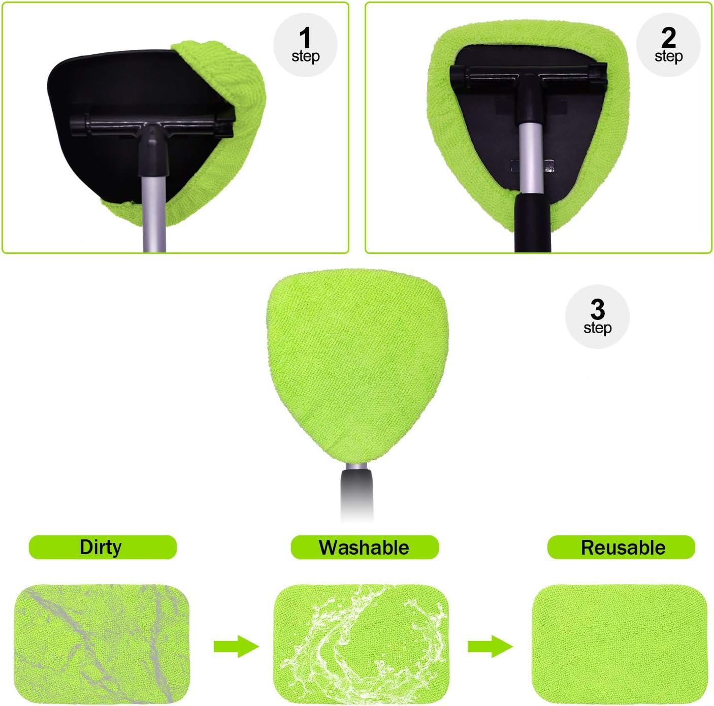XINDELL 5 Pack Microfiber Pads – Replacement Heads Cover for Xindell Windshield Cleaner Tools. Washable & Reusable Triangle Pads (Green). Fits Window Reach Tool - Handle Not Included