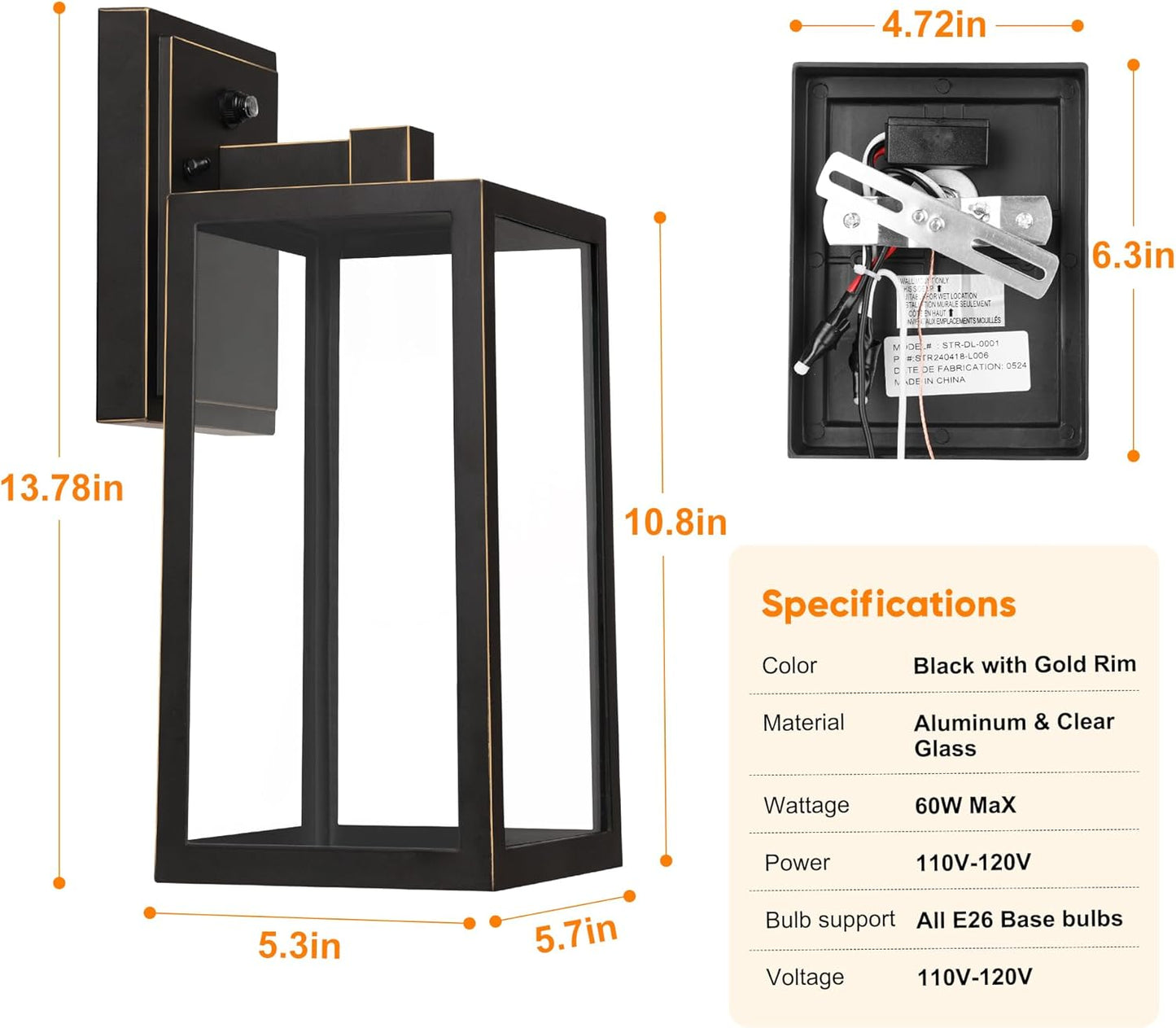 PARTPHONER Black Exterior Light Fixtures Wall Mount with Gold Rim, Dusk to Dawn Outdoor Porch Lights Lamp, Sensor Wall Sconce, Waterproof Outdoor Lantern for House Doorway, Garage 2 Pack