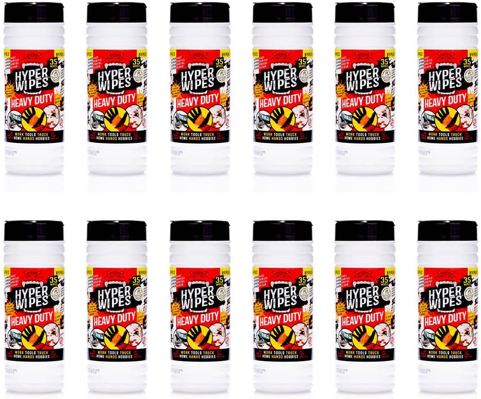 Hyper Wipes, 12 Pack Heavy Duty Hand & Tool Cleaning Wipes, 7"x12" Size Multi-Surface Cleaning Wipes, Degreasing, All Purpose Cleaner, Bathroom, Mechanic, Work Surface Wipes, 420 Count Canister