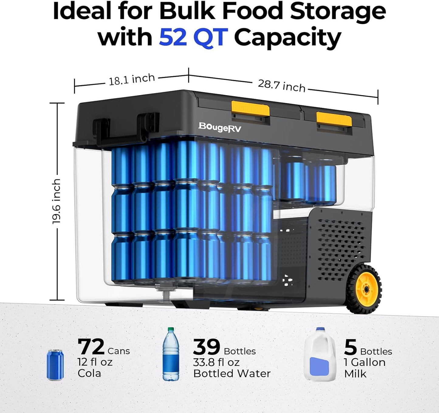 BougeRV 12 Volt Car Refrigerator, CRD2 52 Quart Portable Fridge Freezer with APP Control, -4℉ to 68℉ Dual Zone Compressor Electric Cooler 12/24V DC, 110~240V AC for Overlanding, Camping, RV, Truck