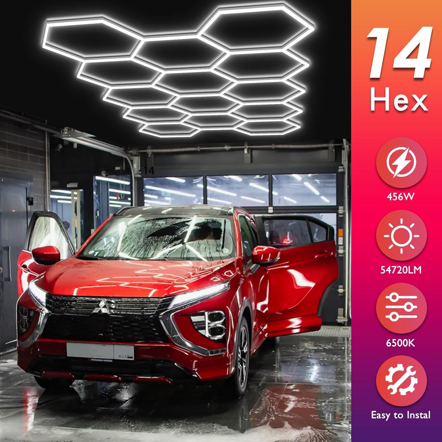 BRILLIHOOD Hexagon Garage Lights, LED Honeycomb Garage Lights, 456W, 54720LM, 6500K Super Bright, 14 Grid Systems Car Detailing Lighting for Warehouse Workshop Basement Gym