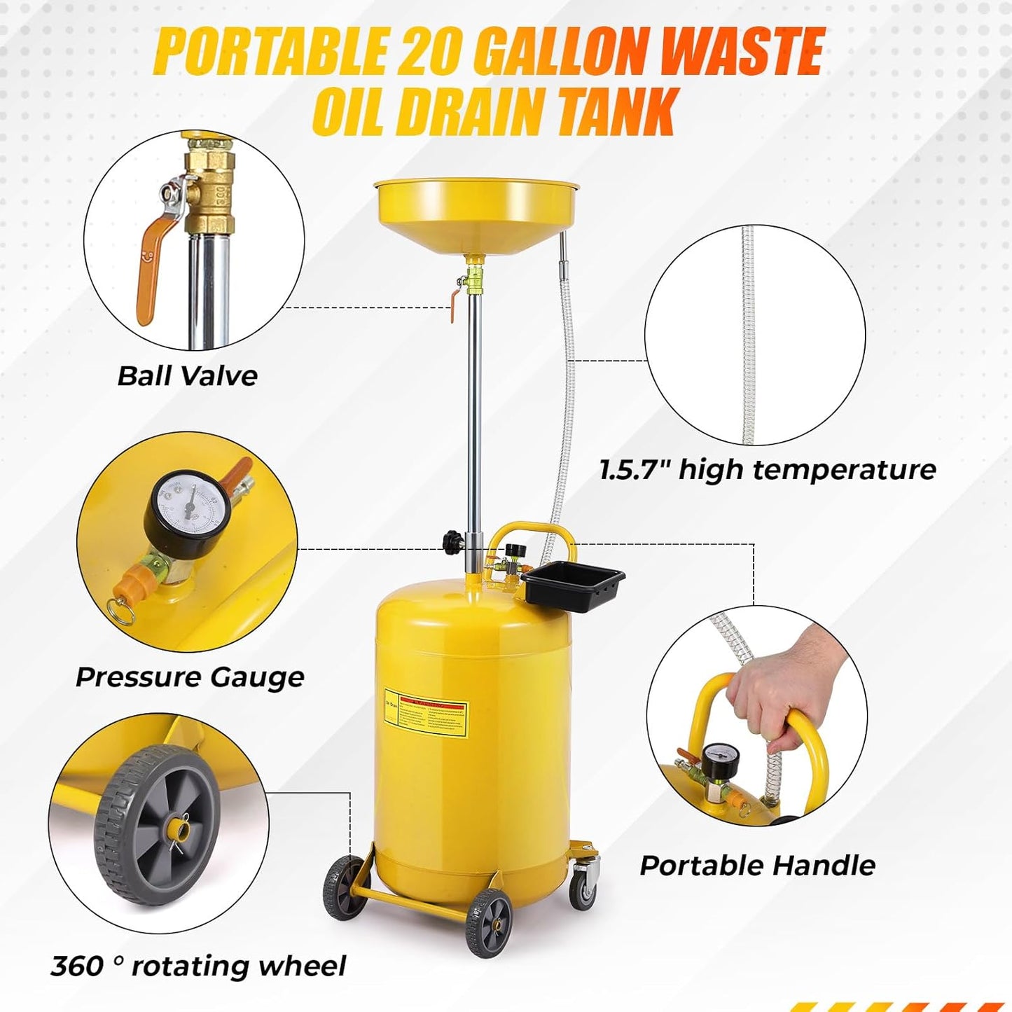 20 Gallon Waste Oil Drain Tank Portable Air Operated Oil Drainer with Adjustable Funnel Height 38-65 Inches 15 Inch Funnel Fluid Fuel Transfer Drain Container with 360 Degree Wheels and Toolbox Yellow