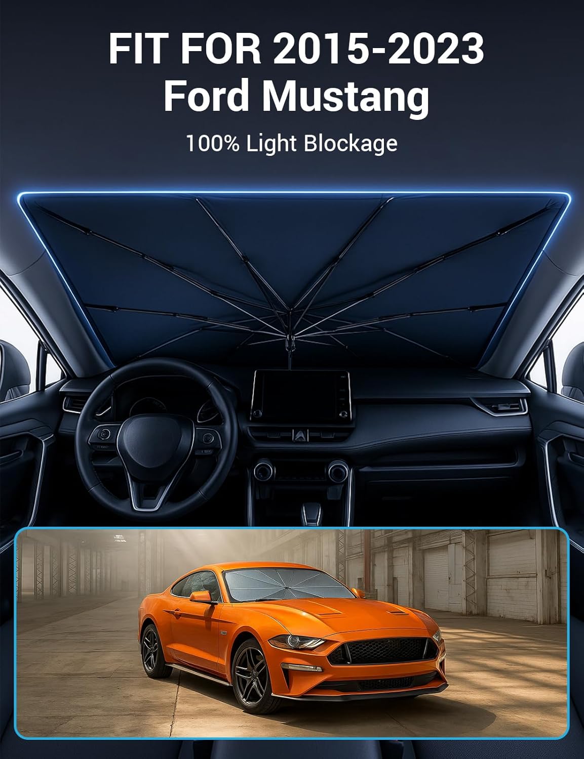 Proadsy Windshield Sun Shade Umbrella for Ford Mustang 2015-2023 Foldable Car Umbrella Sunshade with Soft TPU Handle Spring Structure Crystal Cooling Material Protect Car from Rays & Heat