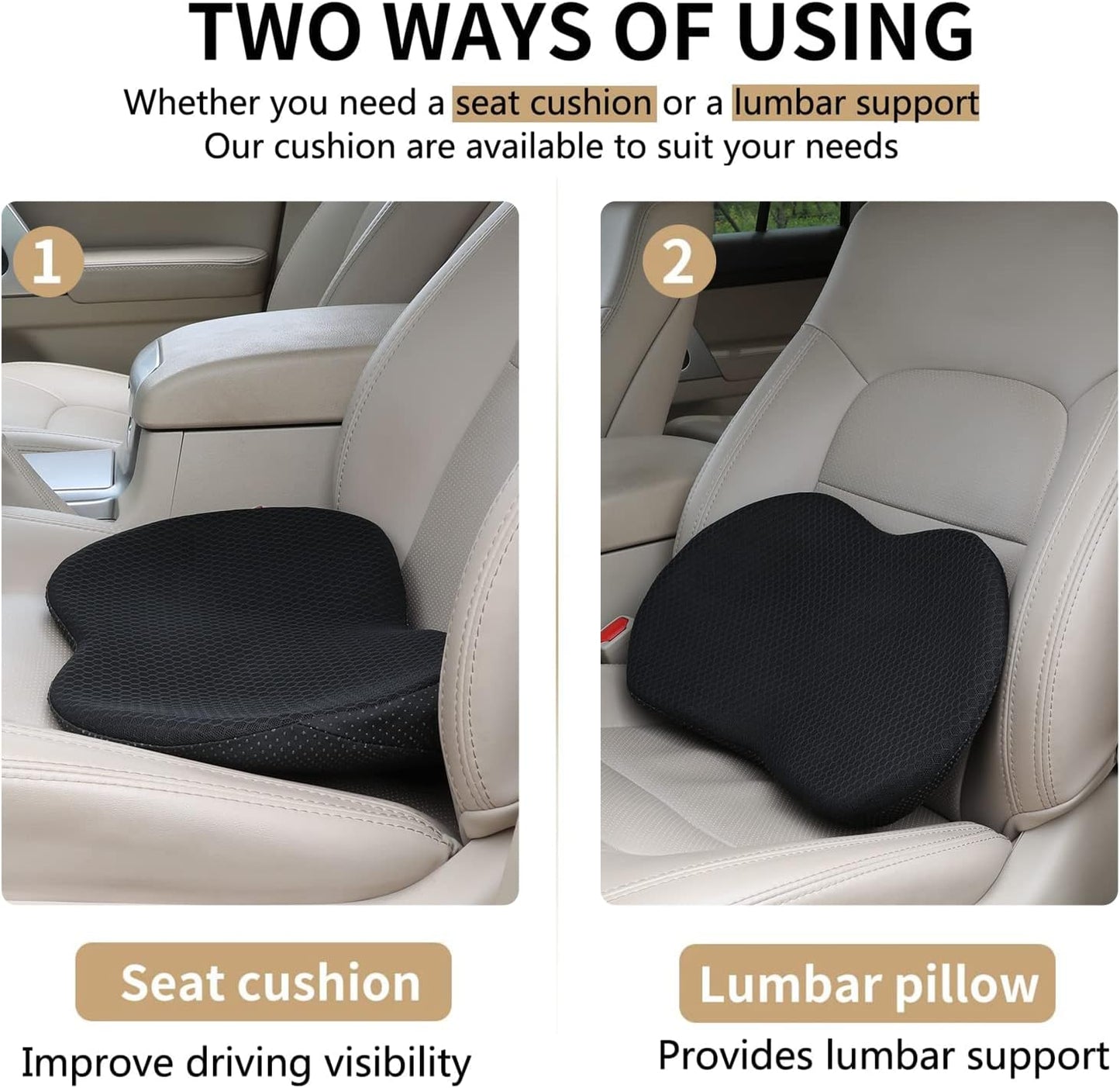 Car Seat Cushion - Memory Foam Car Seat Pad - Sciatica & Lower Back Pain Relief - Car Seat Cushions for Driving - Road Trip Essentials for Drivers(Black)