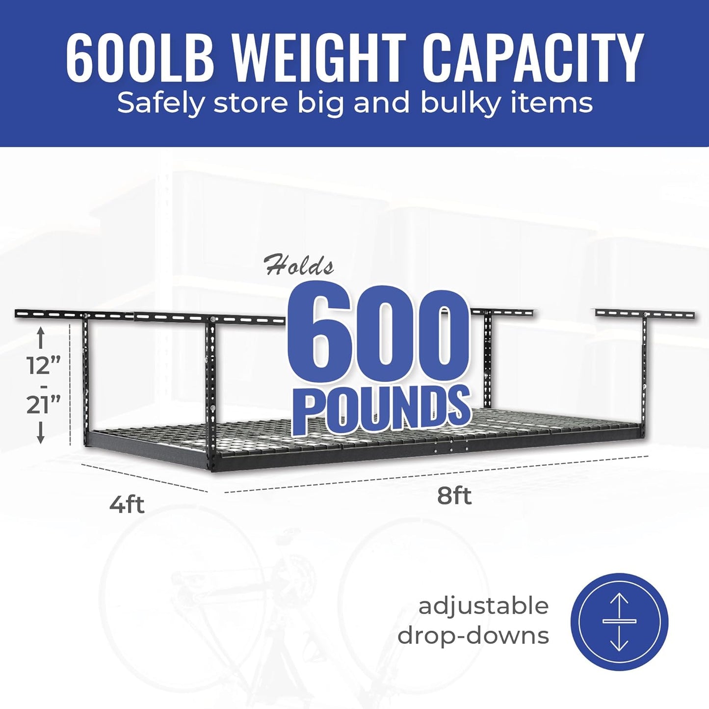 SafeRacks Overhead Storage Rack - Heavy Duty, 600 lb Capacity, Adjustable, Ceiling Mount for Garage 4x8 Hammertone (12"-21")