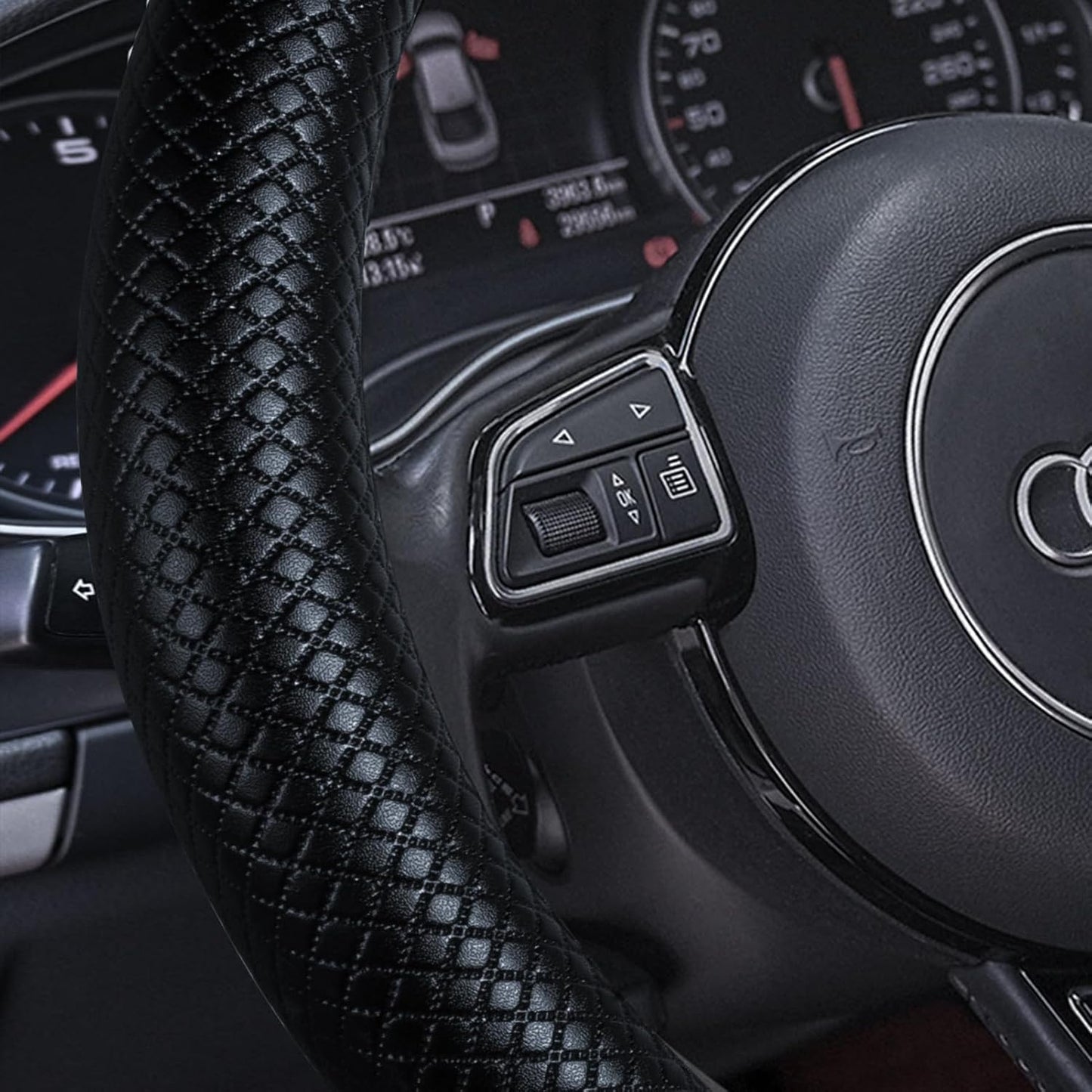 Haokay Heavy Duty Pure Cowhide Steering Wheel Cover, Genuine Leather Steering Cover with 15 Inches Universal Fit