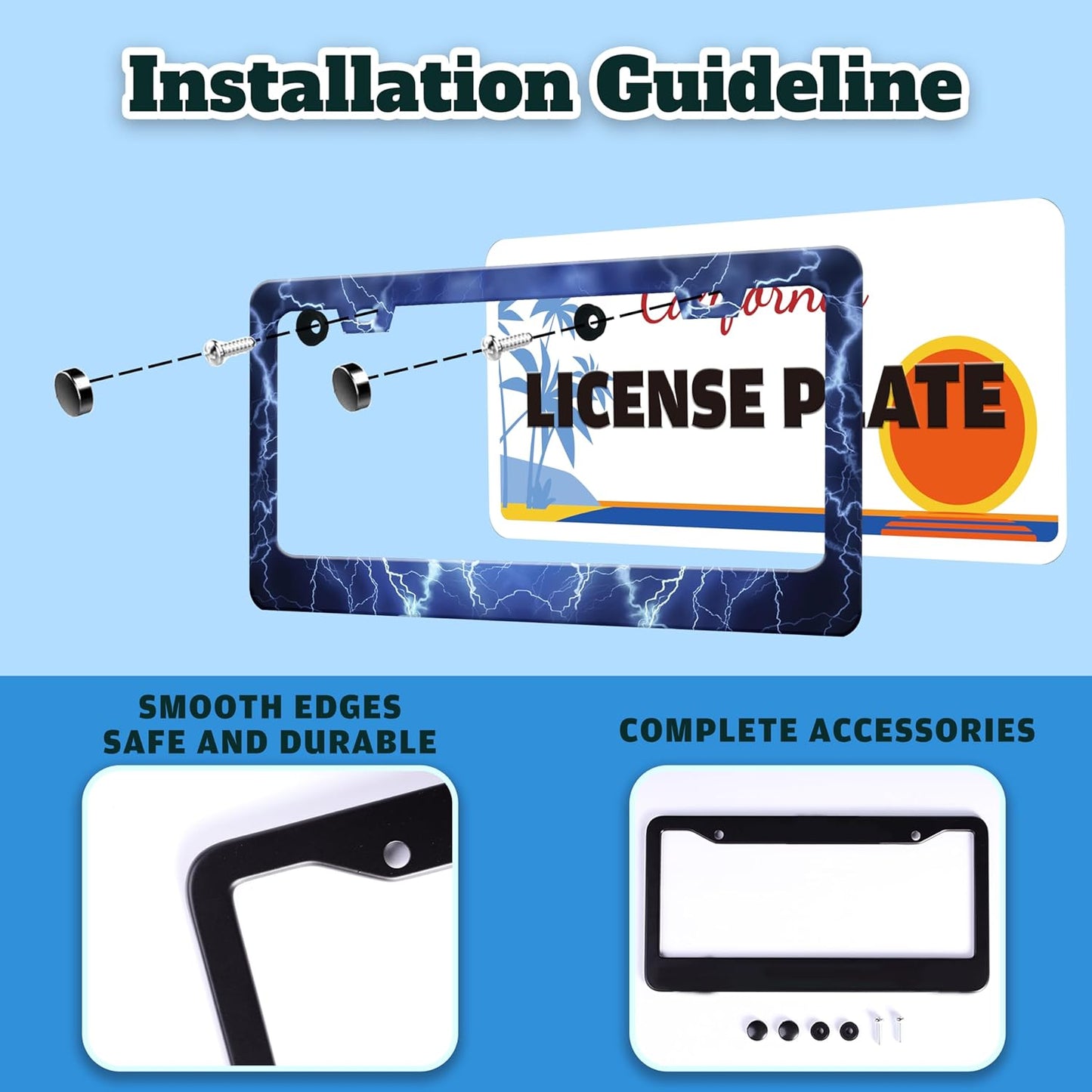 Blue Lightning License Plate Frame Funny Thunder License Plate Holder for Front or Rear Car Tags Reusable Durable Stainless Steel Car Decoration with Screws 6.3 X 12.2 Inch for Men Women