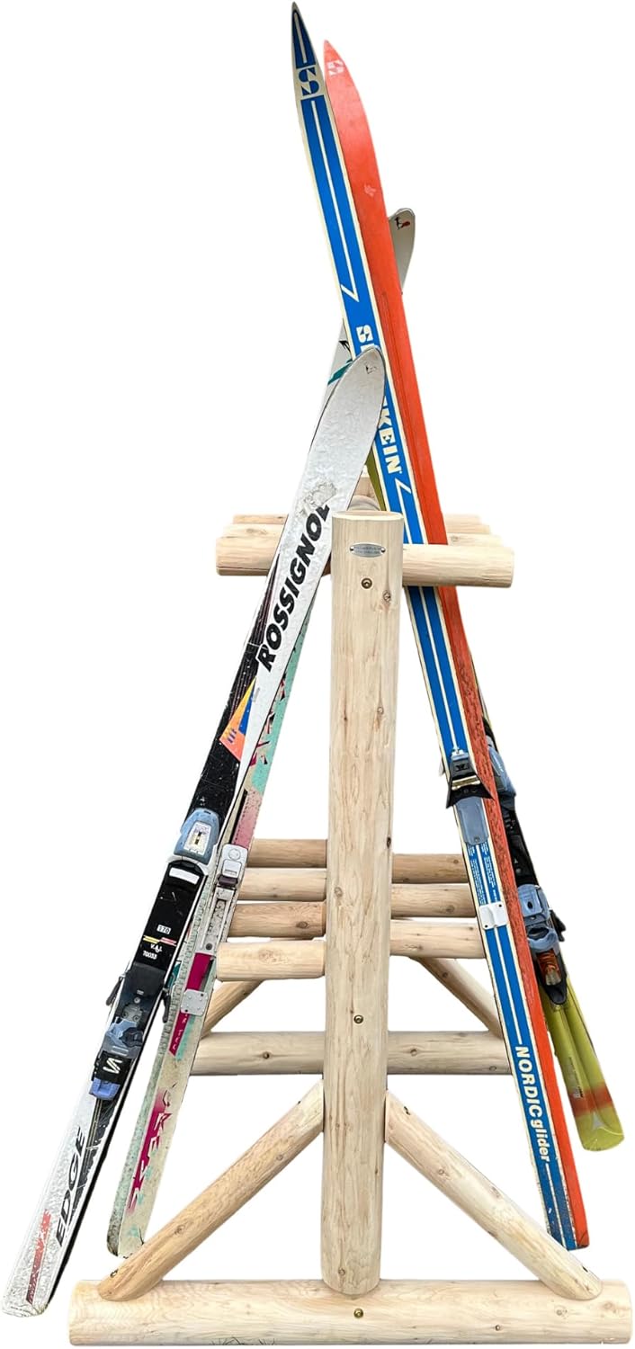 8-Place Freestanding Log Ski Rack Holder, Indoor & Outdoor Snowboard Racks, Standing Storage, Garage Racks for Snow Skis, Durable Snowboard Rack Garage Storage Organizer - Natural