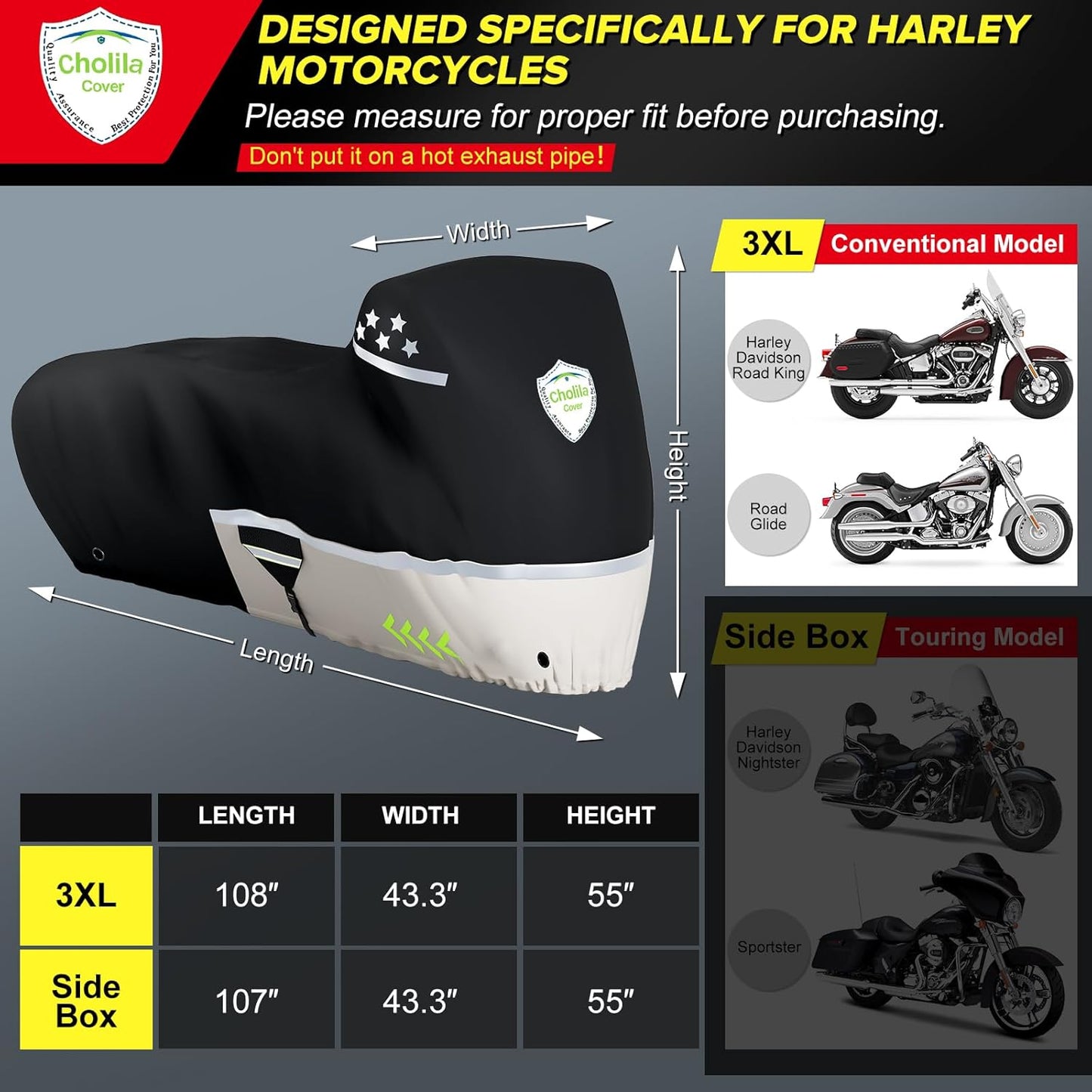 CholilaCover Motorcycle Cover for Touring Models - 600D Harley Davidson Motorcycle Cover Nightster, Sportster, Fat Boy - Waterproof Outdoor Storage - Black+Gray