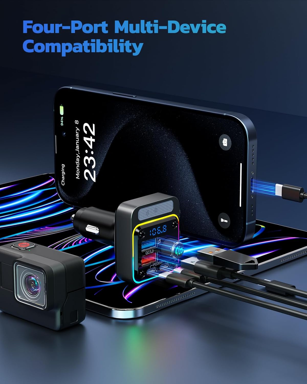 Nulaxy 54W Bluetooth 5.3 Car Adapter Charger 4-Port Fast Charging [PD36W & QC3.0 18W], Wireless Radio FM Transmitter with Deep Bass Player, 5 Colors LED Backlit, Hands-Free Calling, Support USB Drive