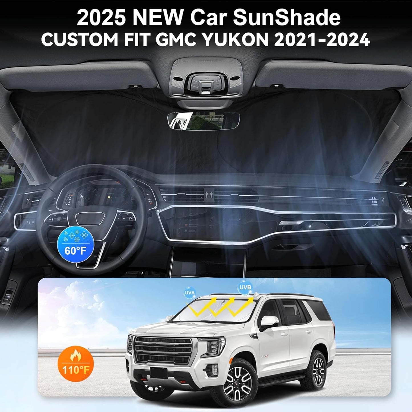 Custom Windshield Sunshade for 2021 2022 2023 2024 2025 GMC Yukon XL Accessories Front Window Shades Cover for Windshield Sun Visor Screen Protector 210T Reflective Blocks UV Rays Cool Car Accessories