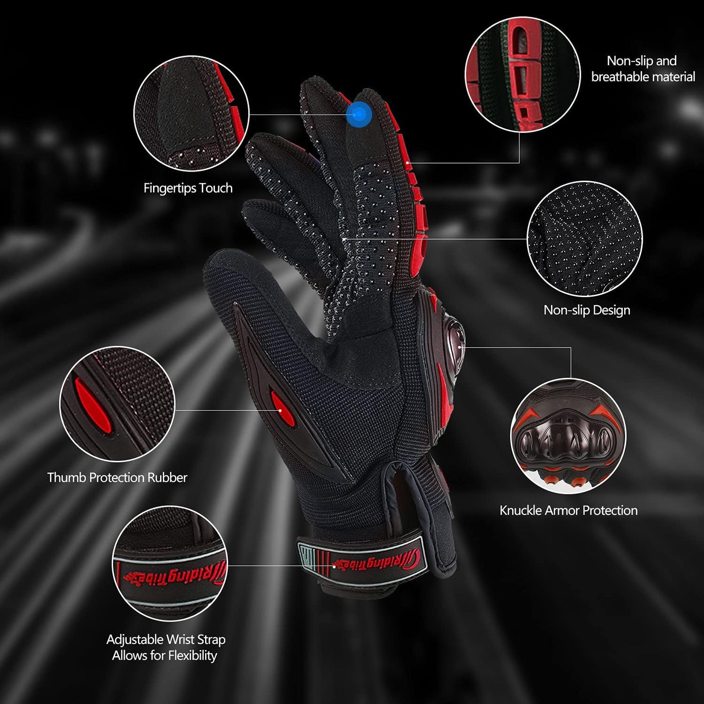 Motorcycle Gloves for Men and Women Full Finger Touchscreen Mountain Dirt Bike Gloves for Powersports BMX ATV MTB Driving Motocross Cycling Gloves(M, Red)