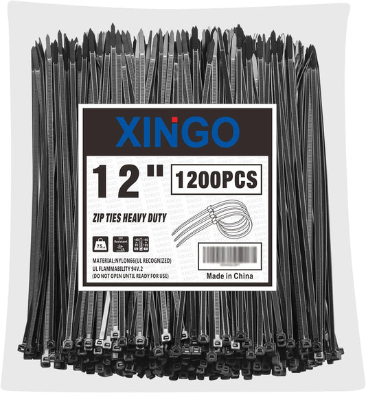 XINGO 12 Inch Black Zip Ties 1200 PCS, 75 LBS Tensile Strength, UV Resistant Cable Ties, Premium Self-locking Plastic Ties for Indoor and Outdoor Use