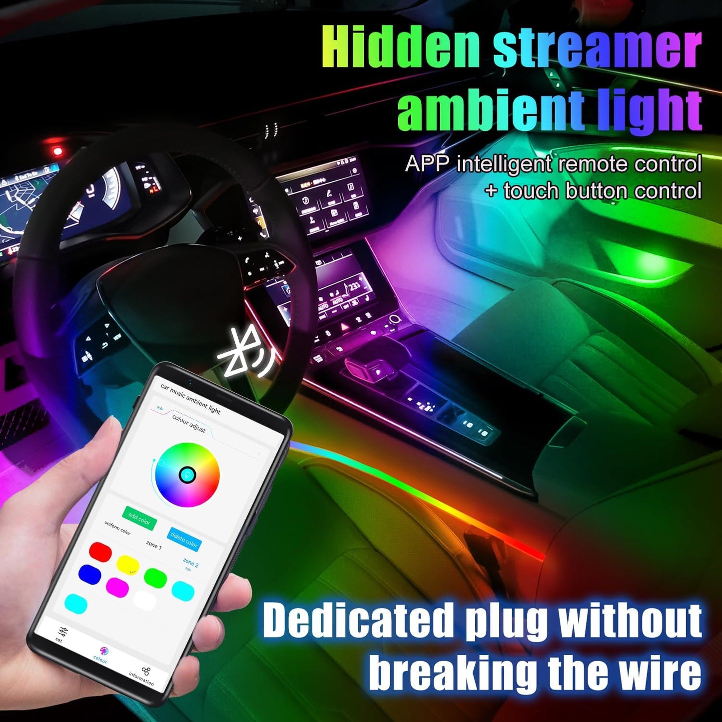 Car Interior Ambient Lights,18 in 1 128 Colorful LED Acrylic Fiber Optic Strip,Universal Multiple Modes Decoration Atmosphere with Music Sync Rhythm,APP Control,RGB Neon Lighting for All Cars