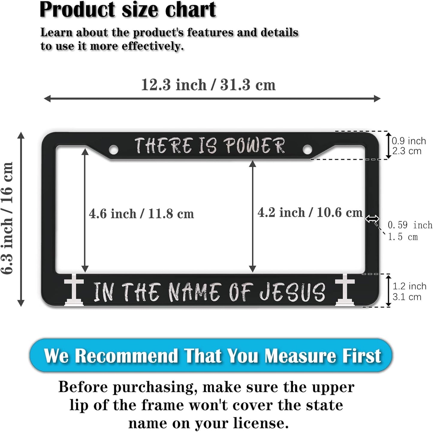License Plate Frames Black and White License Plate Holder There is Power in The Name of Jesus Universal Aluminum Car Accessory 2 Pack with Screw Covers Set