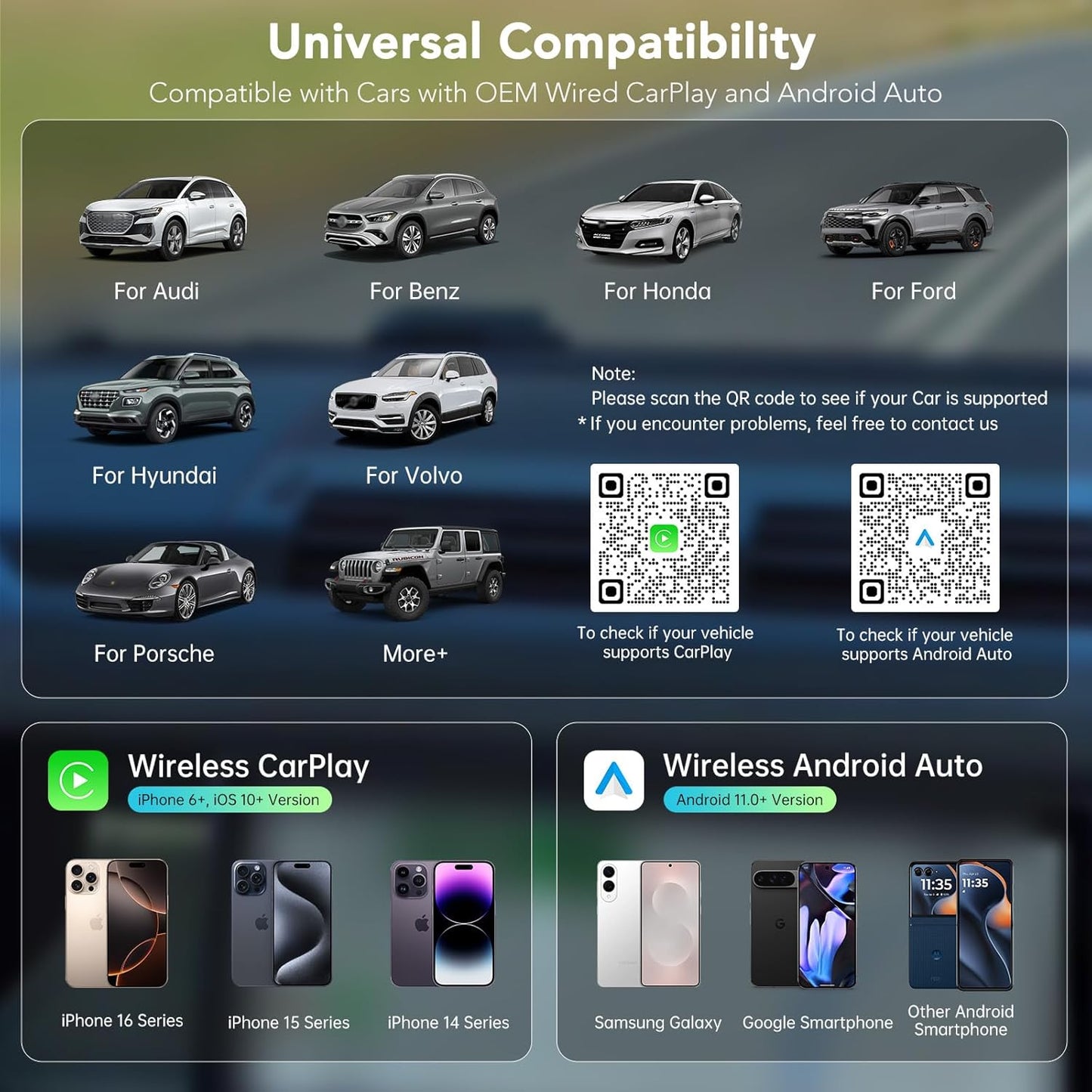 Wireless CarPlay Adapter for iPhone, 2025 Carplay Wireless Adapter for Apple & Android Auto (2016+ Models), Compatible with Cars with Factory Wired Carplay, Car Play Dongle with USB/USB-C (Dark Grey)