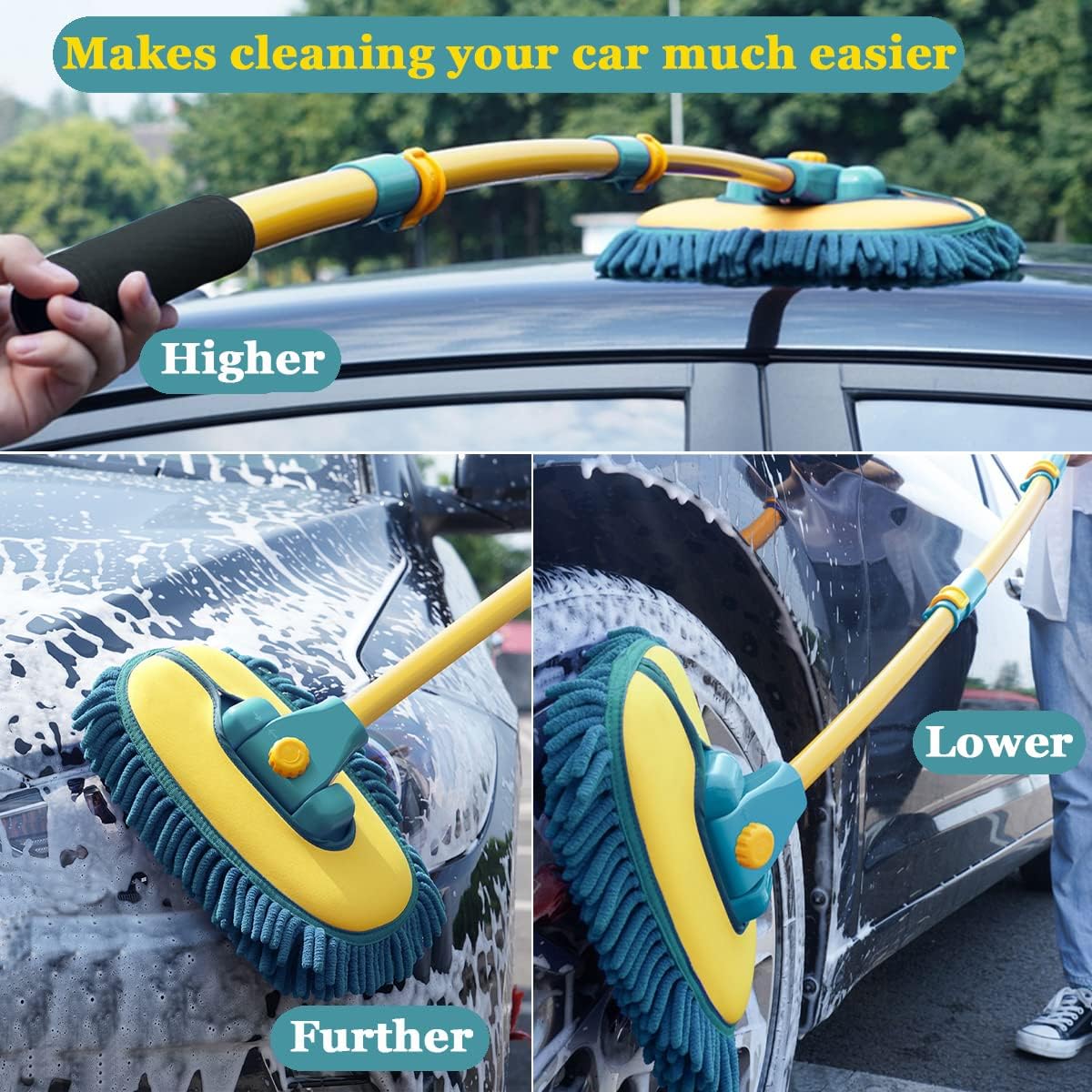 Car Wash Brush with Long Handle,Car Wash Mop Mitt with 1 Replacement Head , Extension Pole Car Brush Cleaning Kit for Cars Trucks