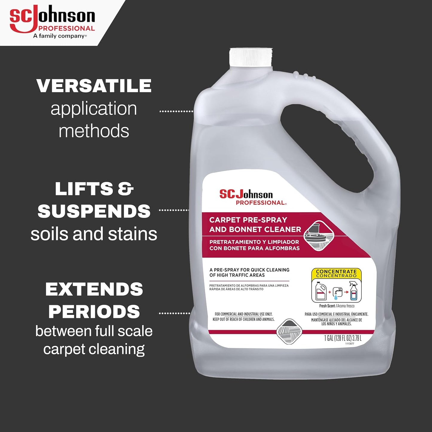 SC Johnson Professional Carpet Pre-Spray and Bonnet Cleaner, Carpet Cleaner Pre-Spray, 1 Gallon, 4 Count, for Professional Use Only