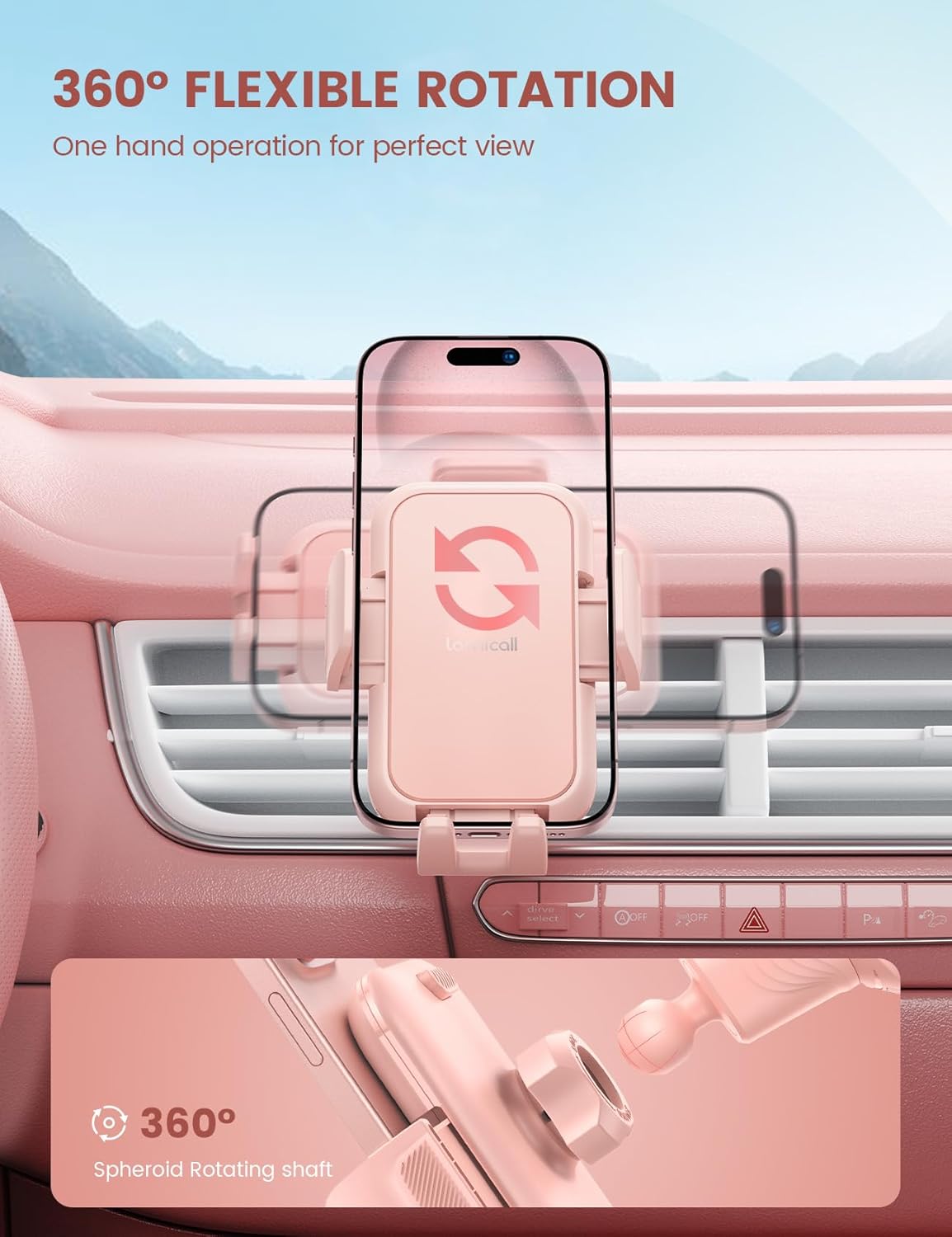 Lamicall 2025 Wider Clamp & Metal Hook Car Phone Holder Vent [Thick Cases Friendly] Phone Holders for Your Car Mount Automobile Hands Free Cradle Air Vent Pink