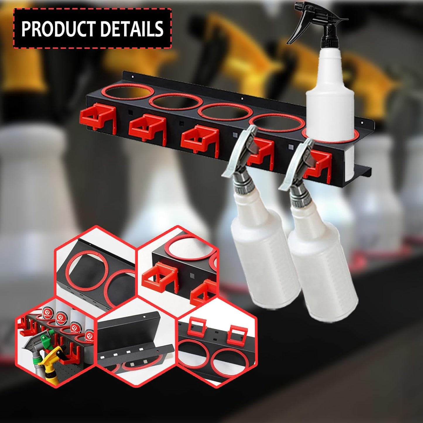 Spray Bottle Rack Organizer, 2 Pack Wall-mounted Spray Bottle Holder, Car Beauty Shop Garage Bottle Organizer, Steel Wall Mount Storage Organizer with 5 Hooks and 5 PCS Cleaning Brushes