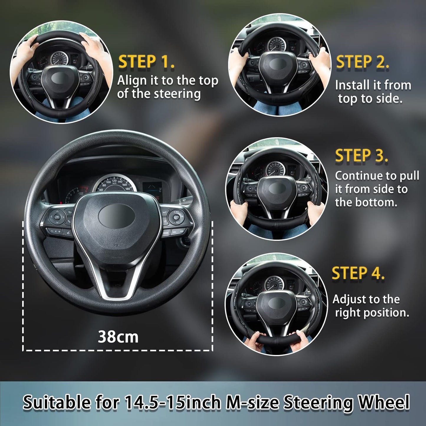 Steering Wheel Cover Black White, Carbon Fiber Car Steering Wheel Covers with Coasters Universal 14.5-15 inch Leather Microfiber Breathable Anti-Slip Steering Wheel Accessories Set