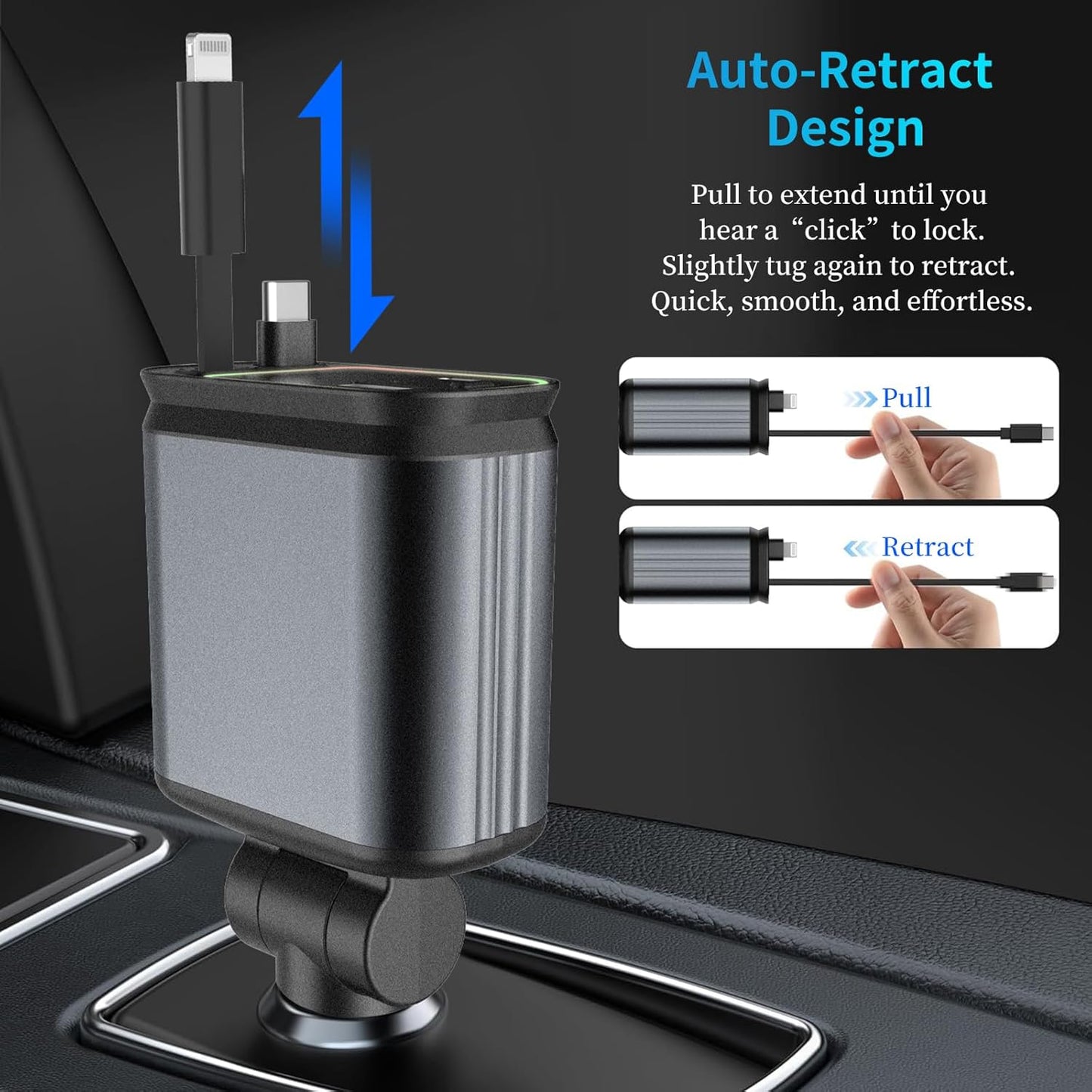 MLVOC Starlight Retractable 66W USB C Car Charger, 4-in-1 Fast Charging Adapter with Dual USB Ports, PD & QC 3.0 for iPhone, Samsung, Android (Black)