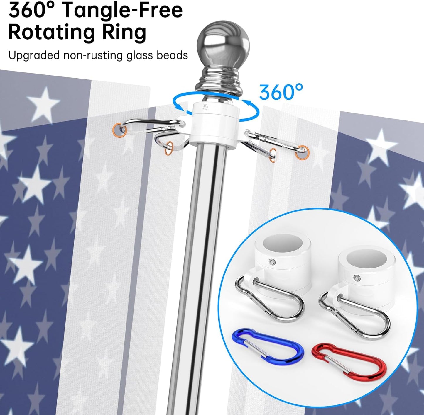 ZMTECH Flag Pole - Upgraded Bracket, 6 FT Stainless Steel Flag Poles for Outside House, Residential or Commerical, Tangle Free Flag Pole Kit for American Flag (Without Flag, Silver)