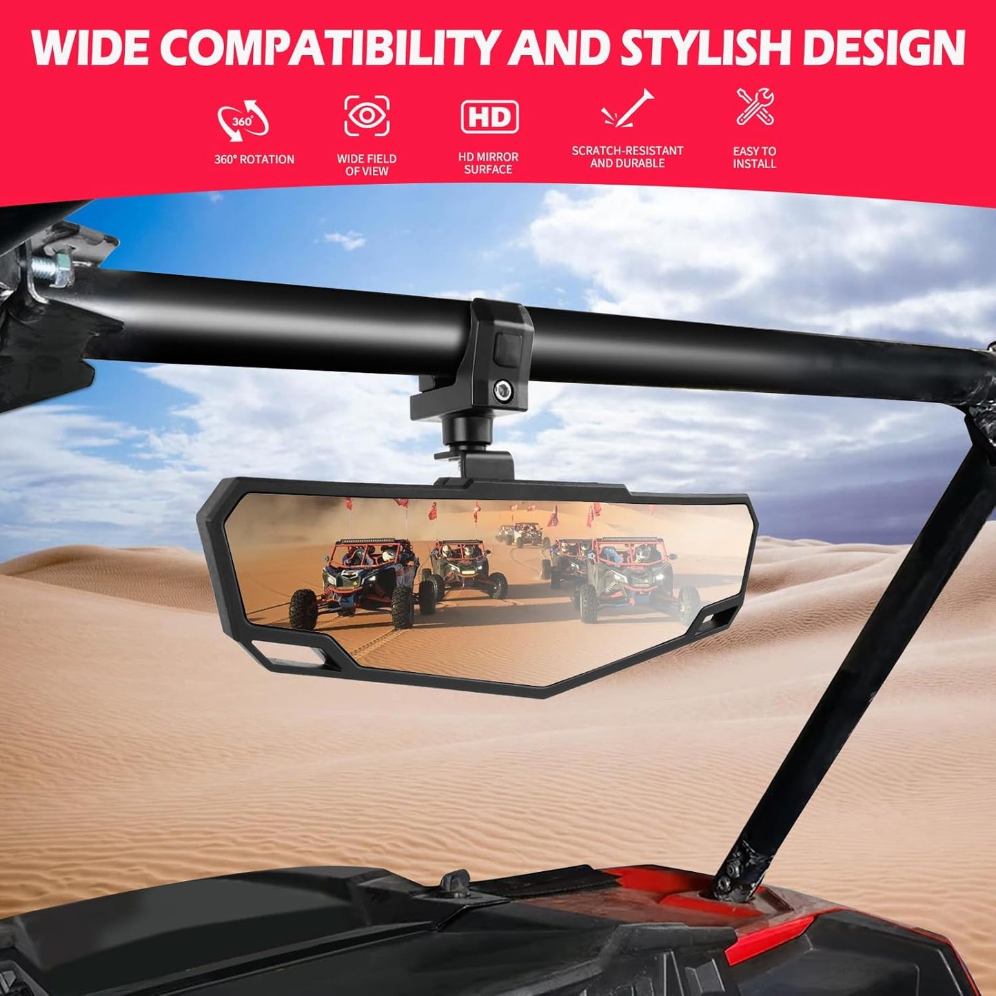 DREAMIZER UTV Rear View Mirror, 360°Adjustable Angle for 1.5" to 2.0 inch Round Roll Cage,Aluminum Clamp Convex Center Mirror Compatible with Polaris RZR General KRX Mule Can Am