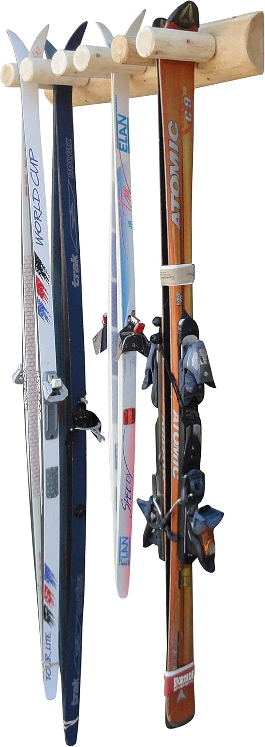 6-Place Log Ski Rack Wall Mount, Indoor Ski Storage Rack for Garage Organizers, Wooden Skis Wall Mount Storage Racks, Pole Skis Sports Racks, Garage Organization Walls - Unfinished
