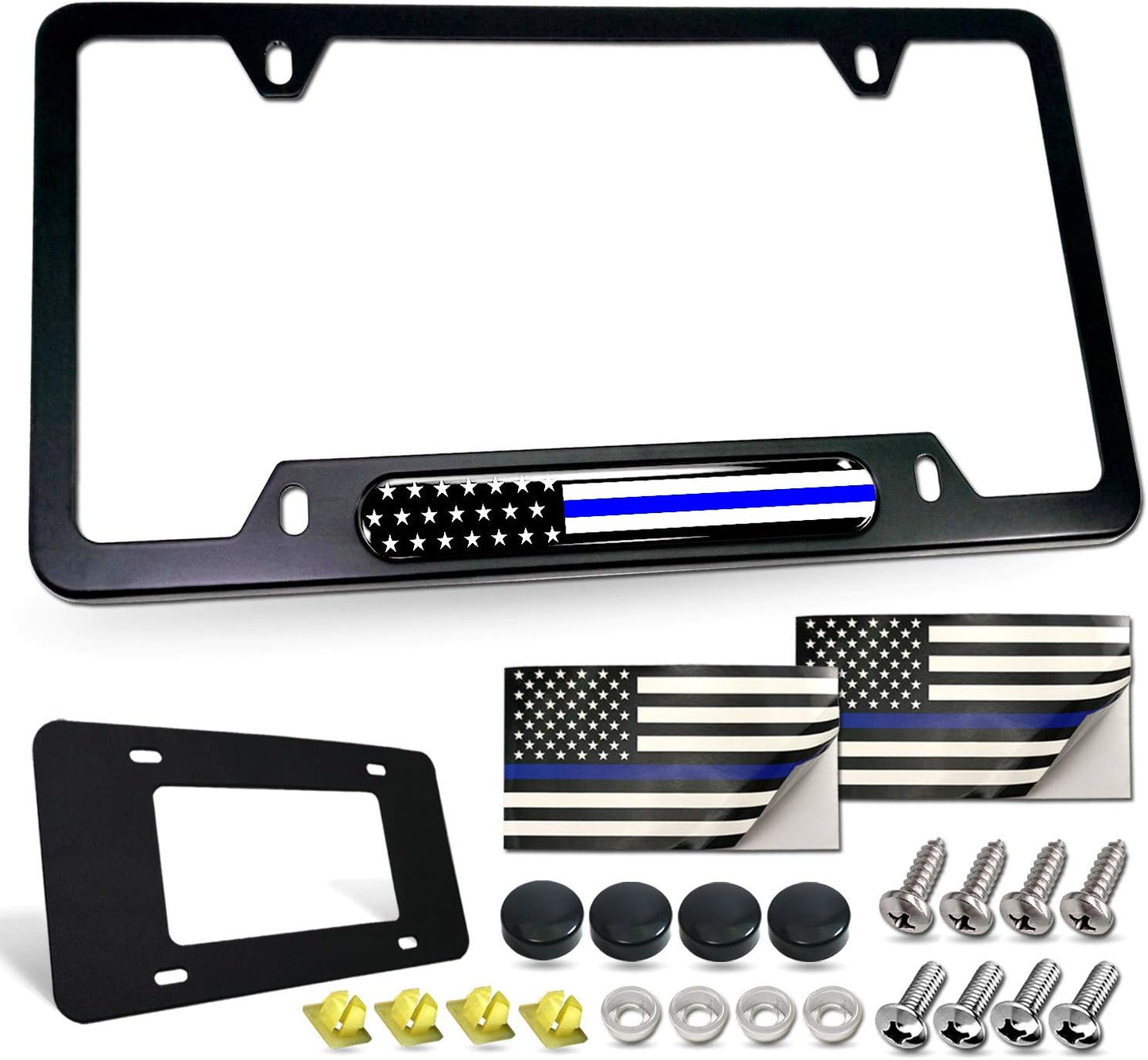 Police Thin Blue Line License Plate Frame-American Flag Patriotic Car Tag Holder, USA Black Aluminum Bracket with Screw, Cap Covers, Decal, Novelty Present for Law Enforcement, 1 Pack