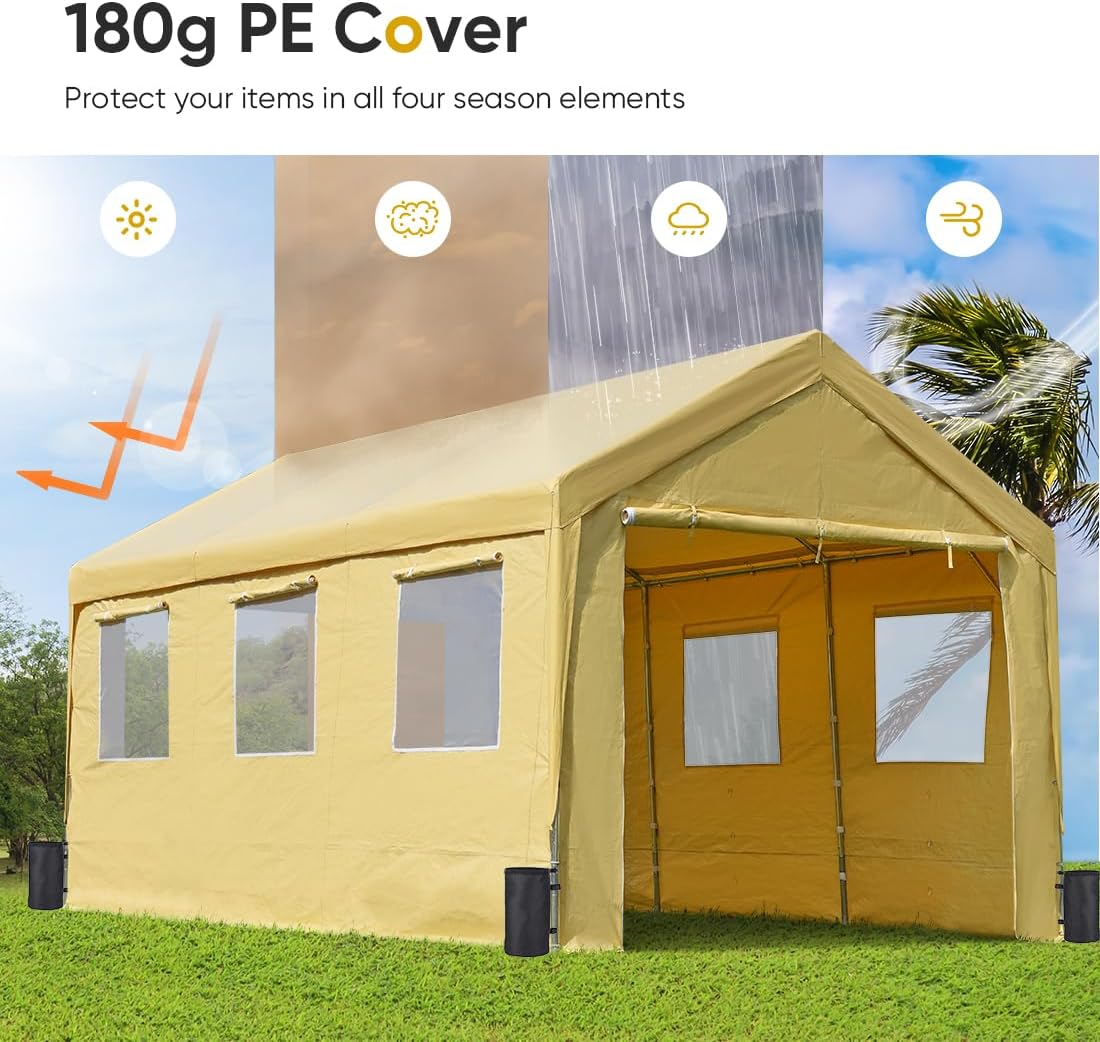 ADVANCE OUTDOOR 12x20 ft Car Canopy Garage Heavy Duty Carport Boat Shelter Party Tent, Adjustable Peak Height from 9.5ft to 11ft, with Removable Window Sidewalls and Doors, Beige