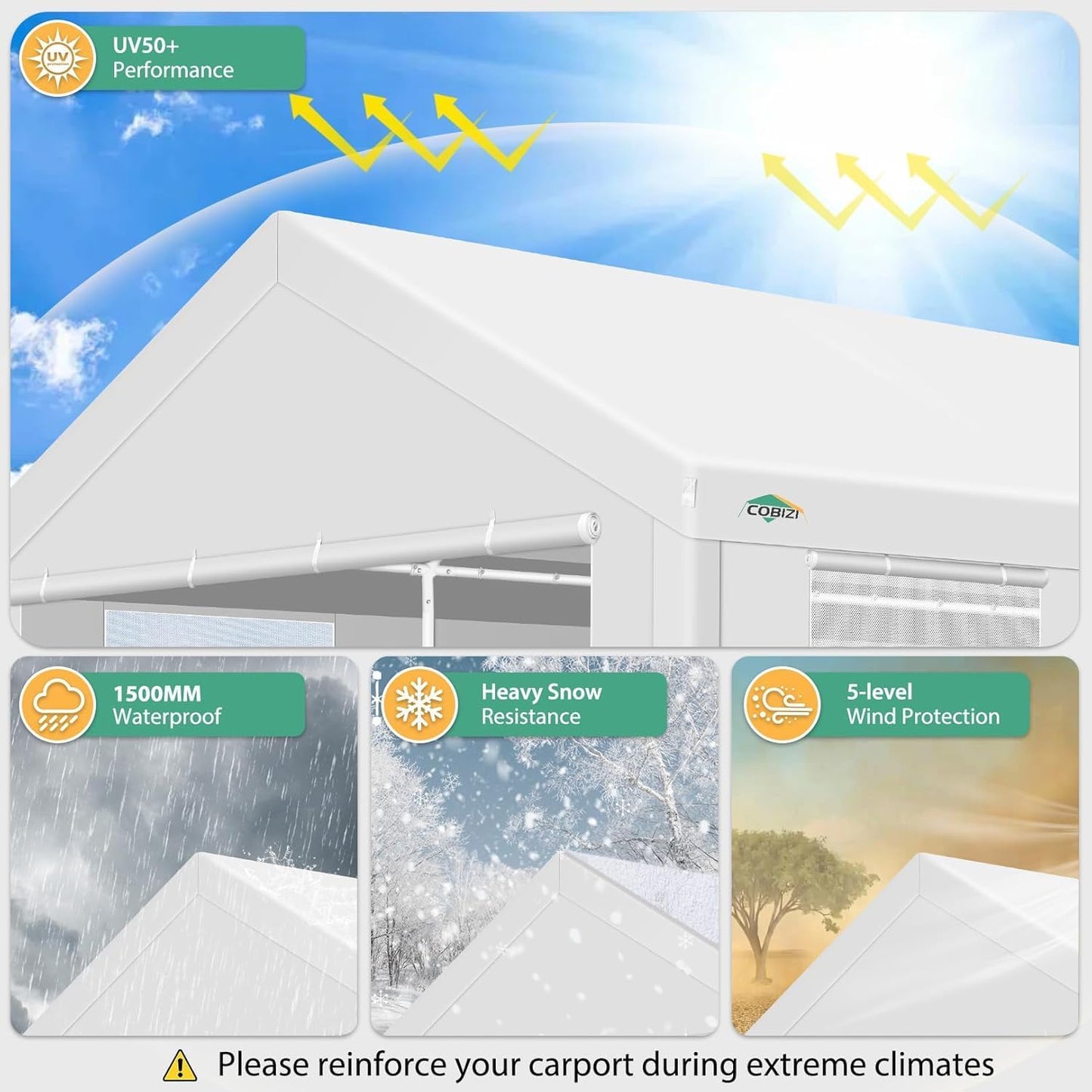 COBIZI Carport 10x20ft Heavy Duty Portable Garage, 2.0 Powder Coated Frame(Better Than Galvanized), Waterproof Shelter with Removable Sidewalls & Windows, Built-in Sandbags, for Car/Boat/SUV, White