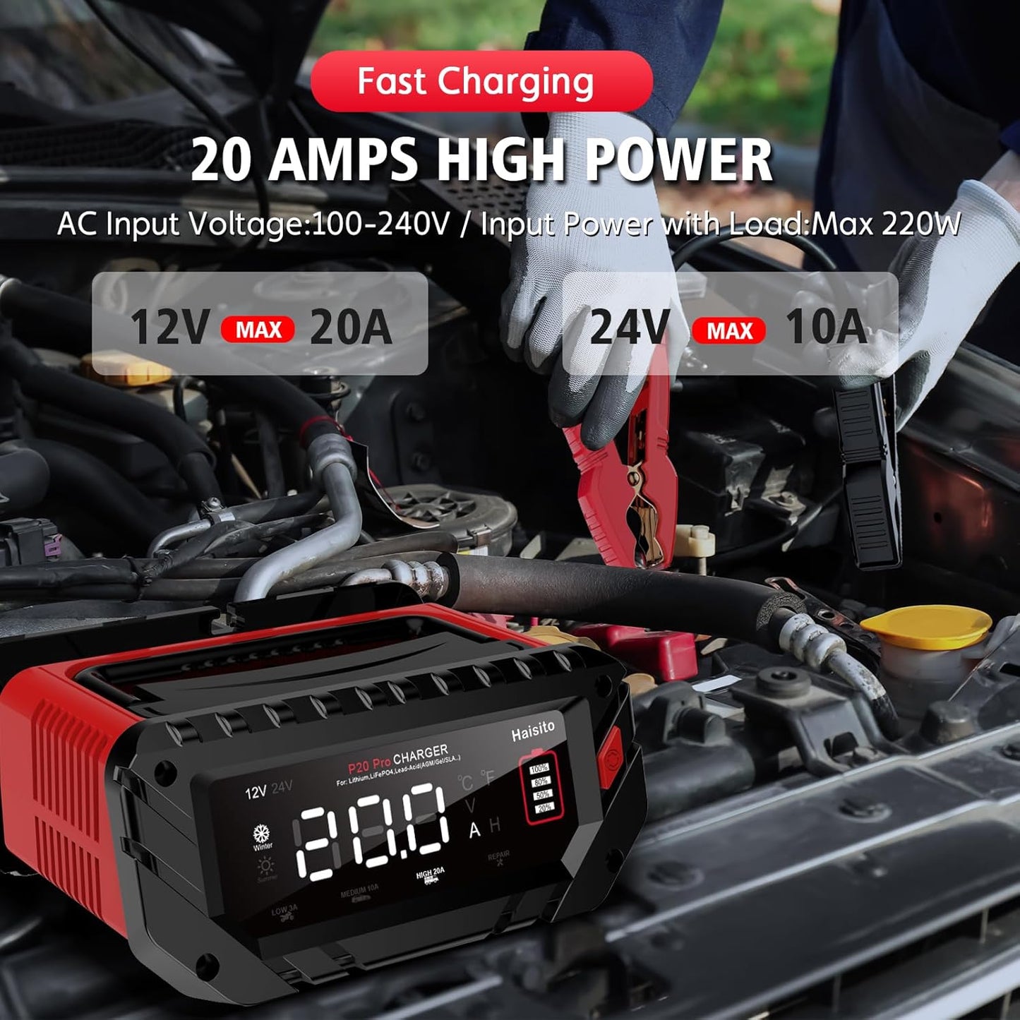 Haisito 20 Amp Lithium Battery Charger, 12V and 24V Lifepo4,Lead-Acid(AGM/Gel/SLA..) Portable Car Battery Charger,Battery Maintainer, Trickle Charger, and Battery Desulfator for Car,Boat, H-20-PRO
