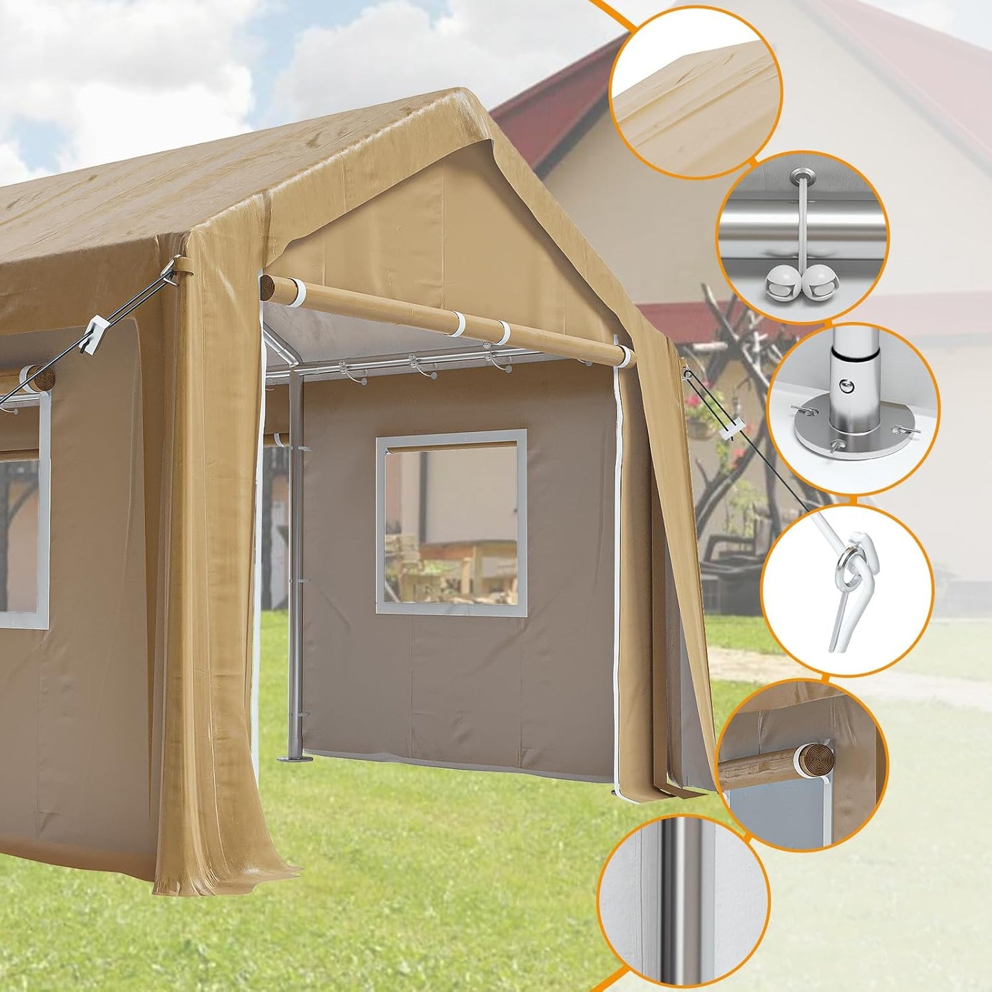 10x20ft Heavy Duty Carport Outdoor Canopy Portable Garage with 4 Doors & 4 Windows Waterproof UV Resistant Storage Shelter with Removable Sidewalls for Car Truck Boat, Earthy Yellow