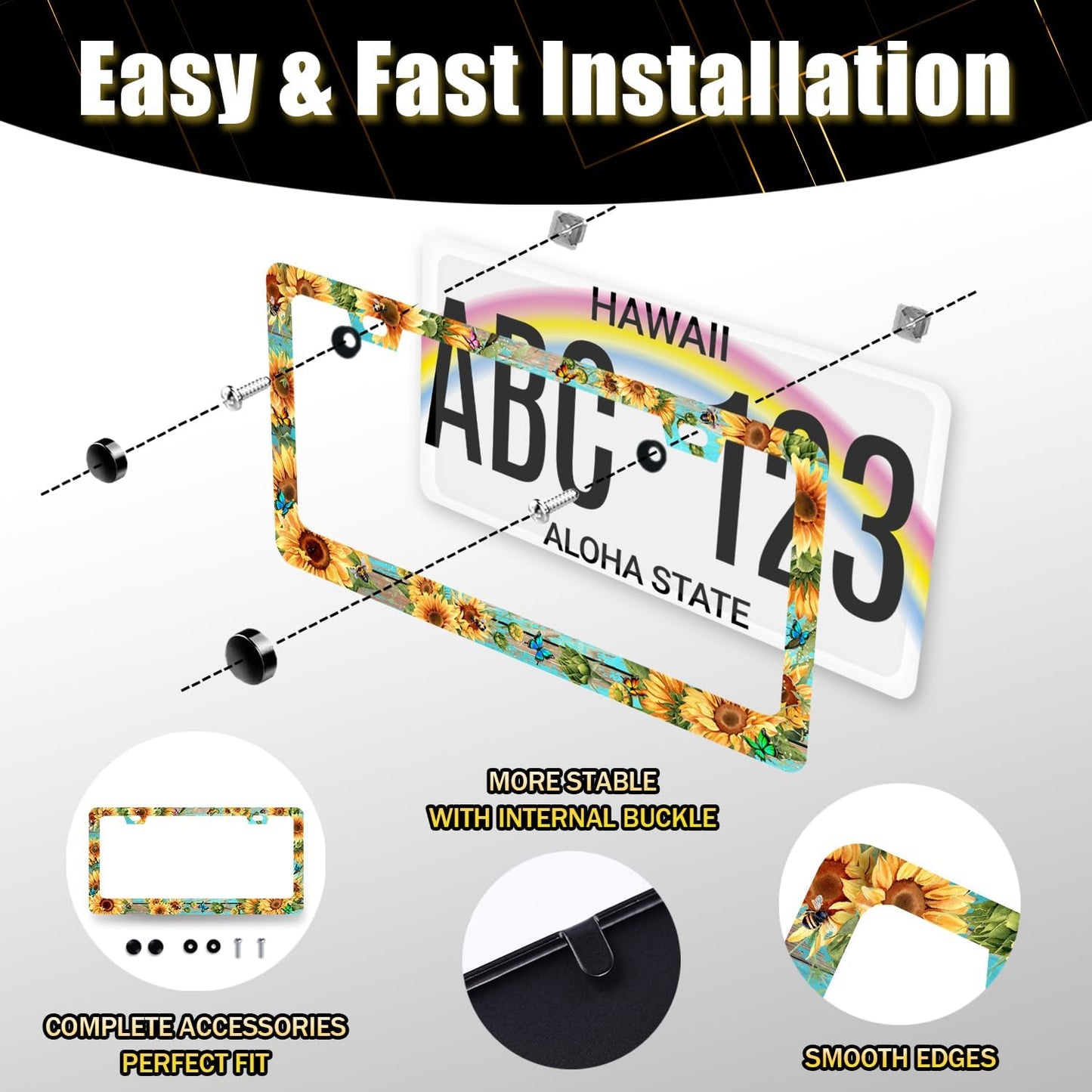 Butterfly Sunflower License Plate Frame Wooden Board Flowers Animals License Plate Holder Stainless Steel Front and Rear Car Tags Auto Parts Colorful License Plate Decoration with Screws 12.2" x 6.2"