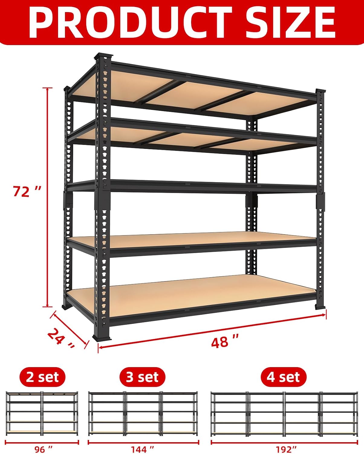 PrimeZone Heavy Duty Garage Storage Shelves - 48" W X 24" D X 72" H Adjustable Metal Shelving Unit, 5 Tier Industrial Shelves for Storage Standing Utility Rack for Warehouse, Basement, Black, 2 Pack