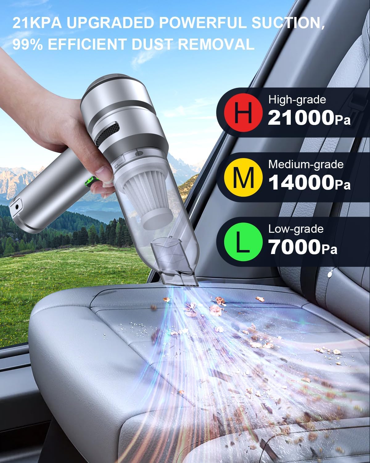 Car Vacuum,3 Suction Modes,Portable Mini Cordless Cleaner with 21000pa Suction Power,Type-C Charge,Handheld Vacuum for Home,Car, Office Desk, Keyboards(Light Silver)
