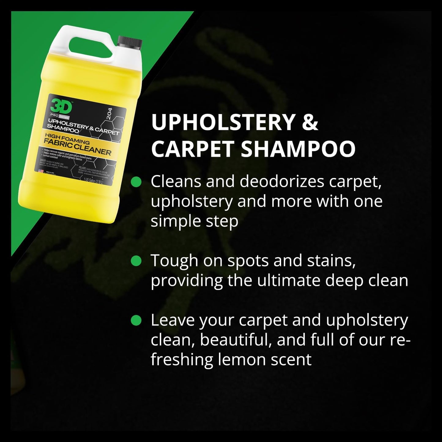 3D Upholstery & Carpet Shampoo - High Foam Stain Remover & Odor Eliminator Shampoo 1 Gallon