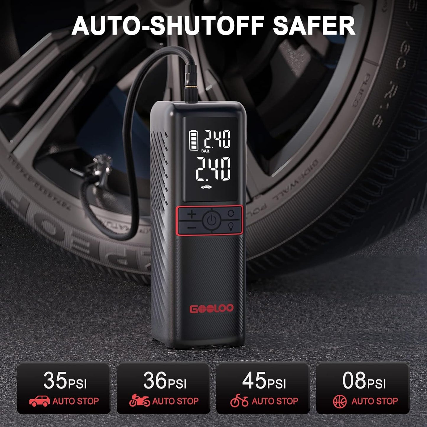 GOOLOO GT160 Tire Inflator Portable Air Compressor, 160PSI Portable Air Pump for Car Tires, 7500mAh Cordless Air Pump with Digital Pressure Suitable for Cars, Bikes, Balls, Motorcycles