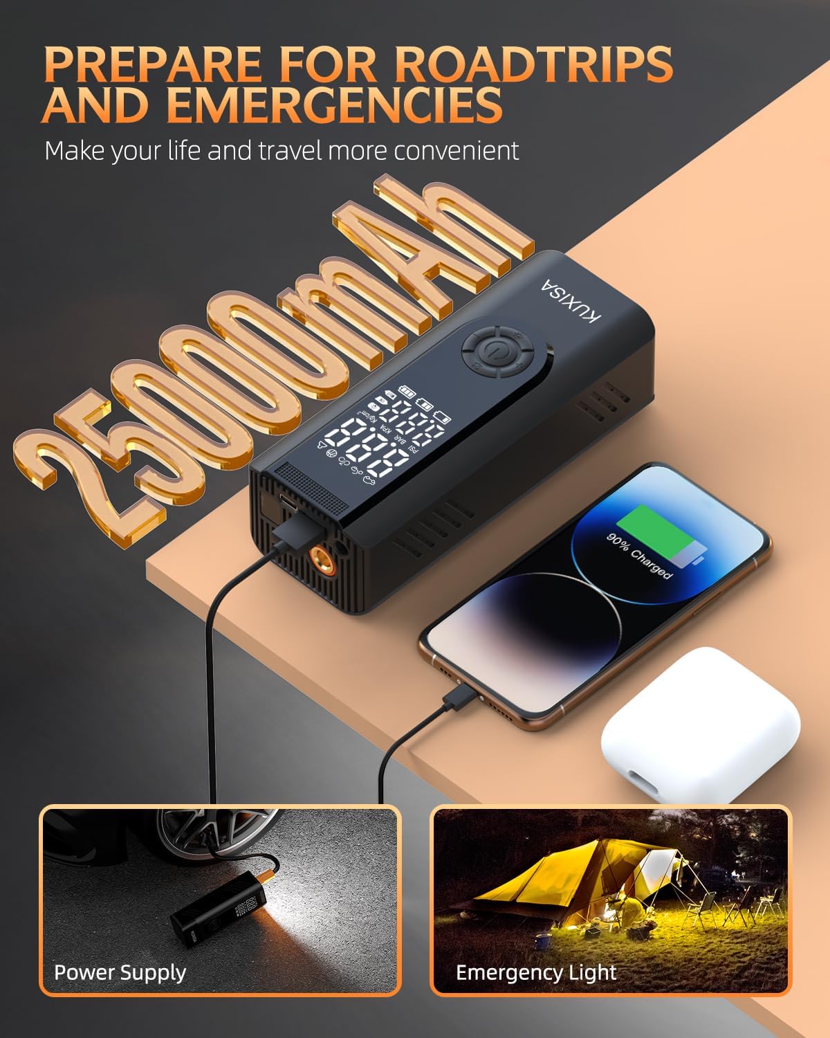 Tire Inflator Portable Air Compressor,180PSI & 3X Faster Air Pump for Car Tires with Digital Pressure Gauge, 25000mAh Air Compressor for Car, Motorcycle, Bicycle, Ball and More.