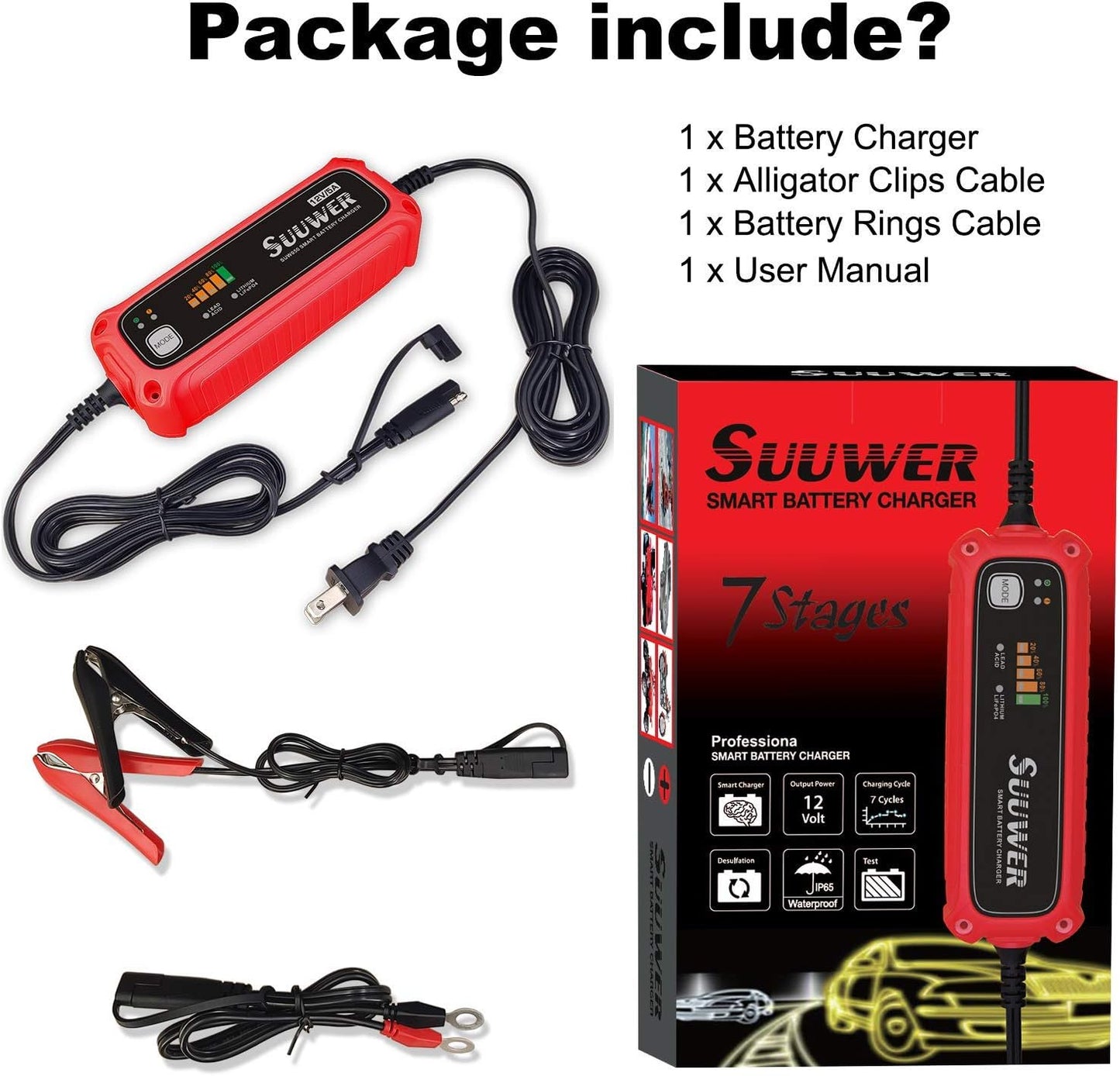 High-Efficiency 12V 5-Amp Smart Car Battery Charger, Battery Maintainer, Trickle Charger, Float Charger and Desulfator for Car, Motorcycle, ATV, Lithium (LiFePO4) and Deep Cycle Batteries