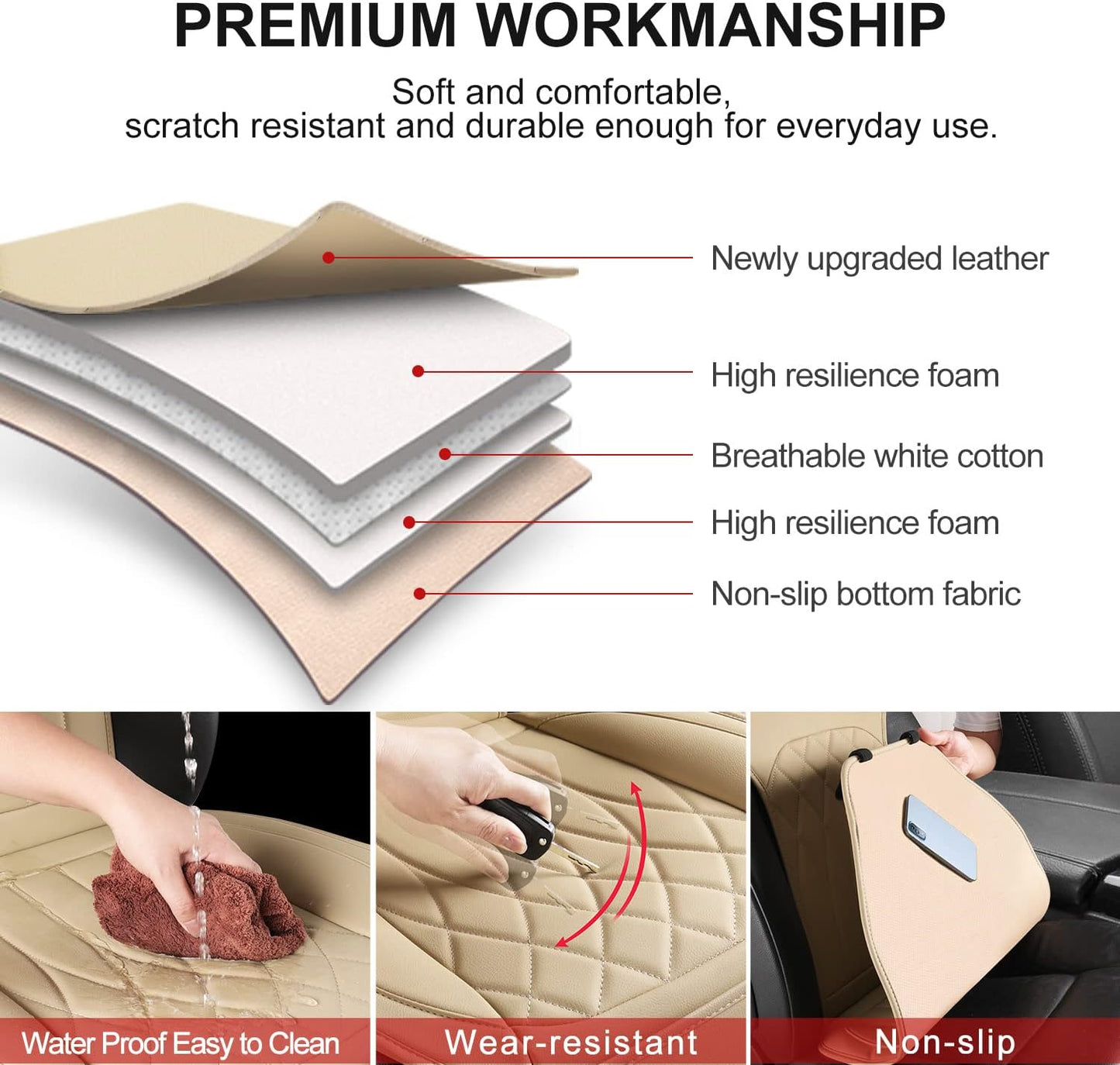 1 Pack Leather Front Car Seat Cover, Universal Sideless Car Seat Protector with Storage Pocket and Seat Belt Pad, Waterproof Automotive Seat Cover Cars Trucks SUV(Beige)