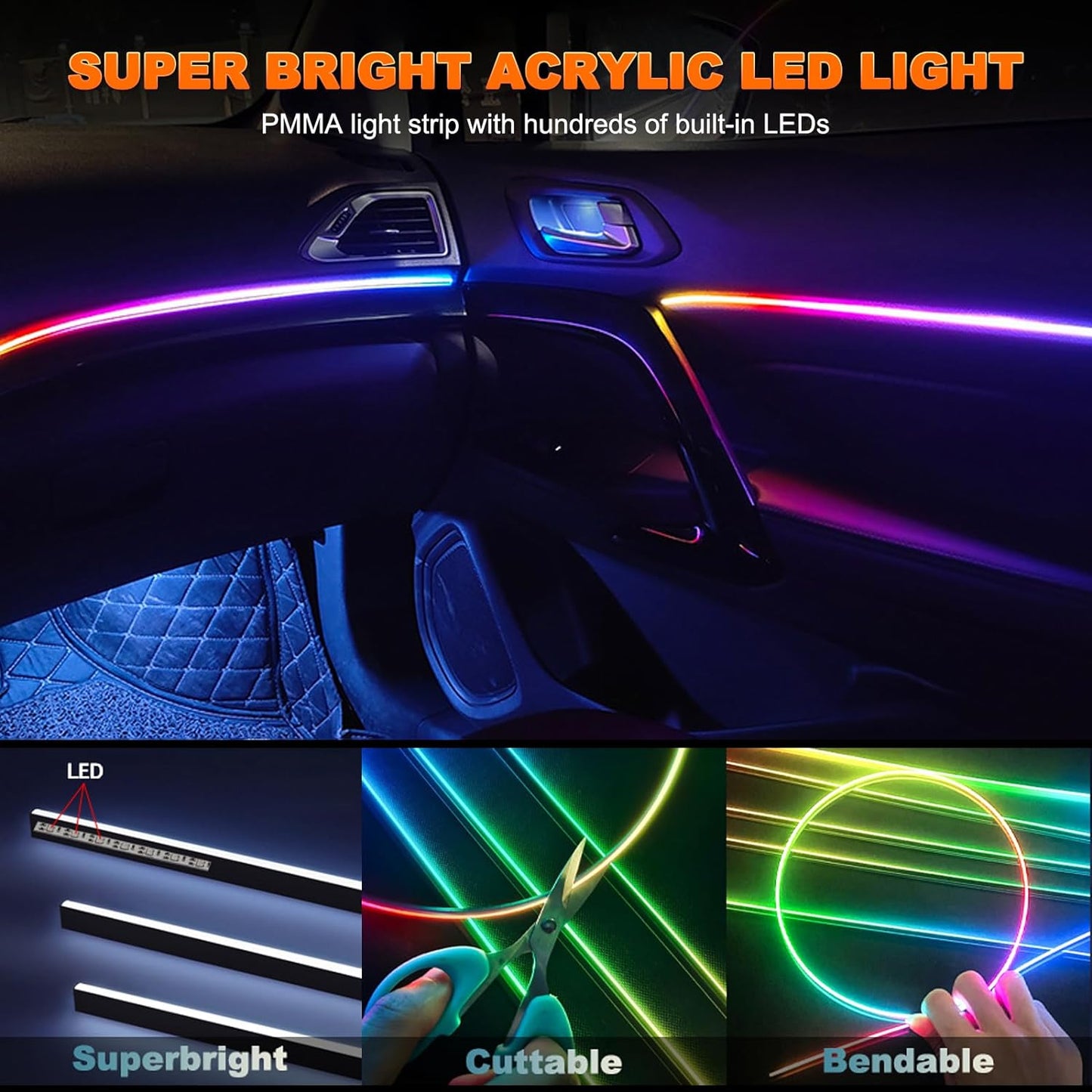 Interior Car LED Strip Lights, Acrylic LED Lights for Car with Dynamic Dreamcolor Chasing, Ambient Lighting Kits Music Sync Wireless APP and RF Remote Control (2 * 29.5'')