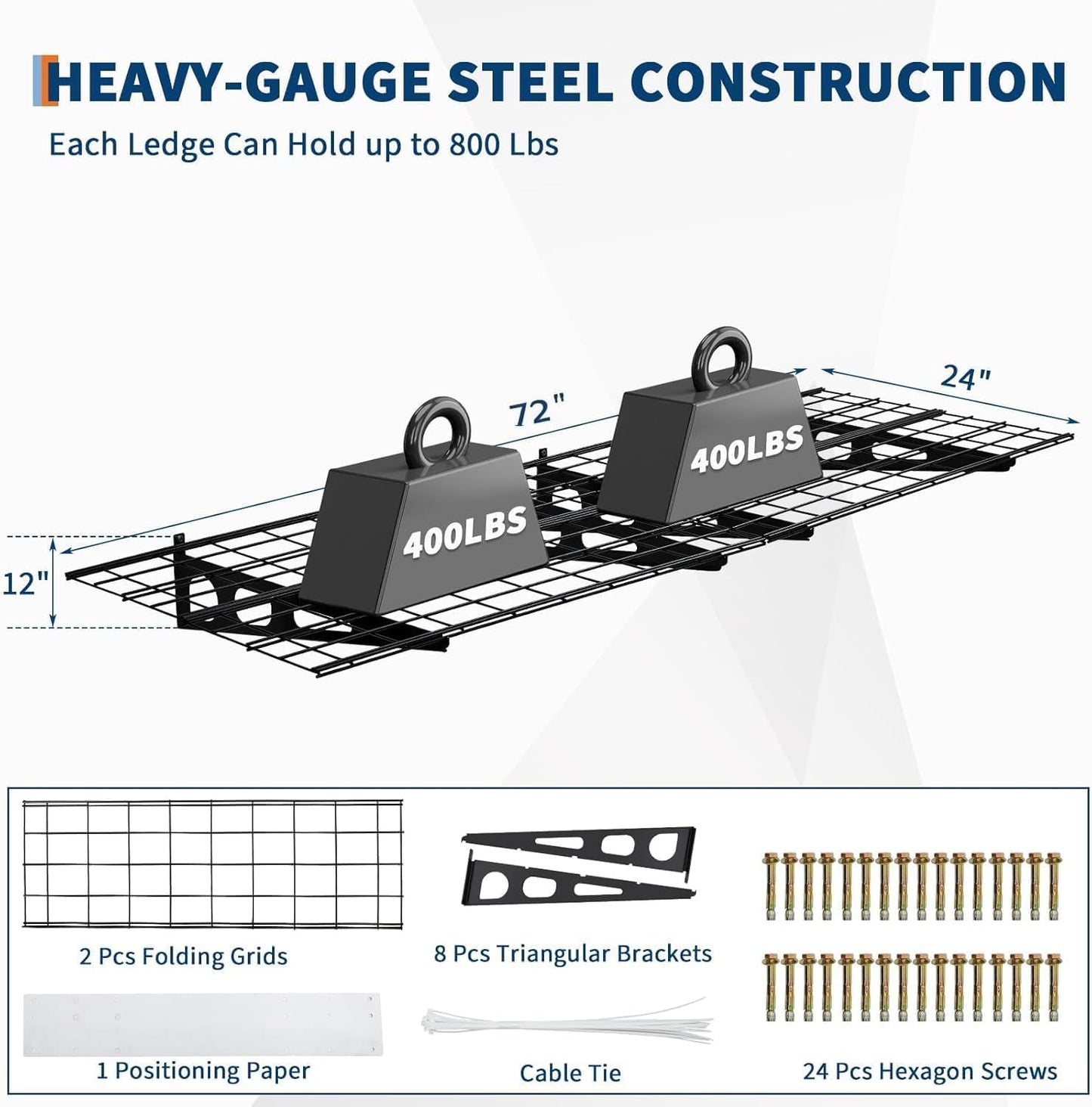 GarveeHome 2 Pack 2x6ft Garage Storage Shelving Wall Mounted, 24-inch-by-72-inch 1600 Lbs Heavy Duty Sturdy Storage Shelves, Wall Shelves Folding Storage Garage Organization for Warehouse, Laundry