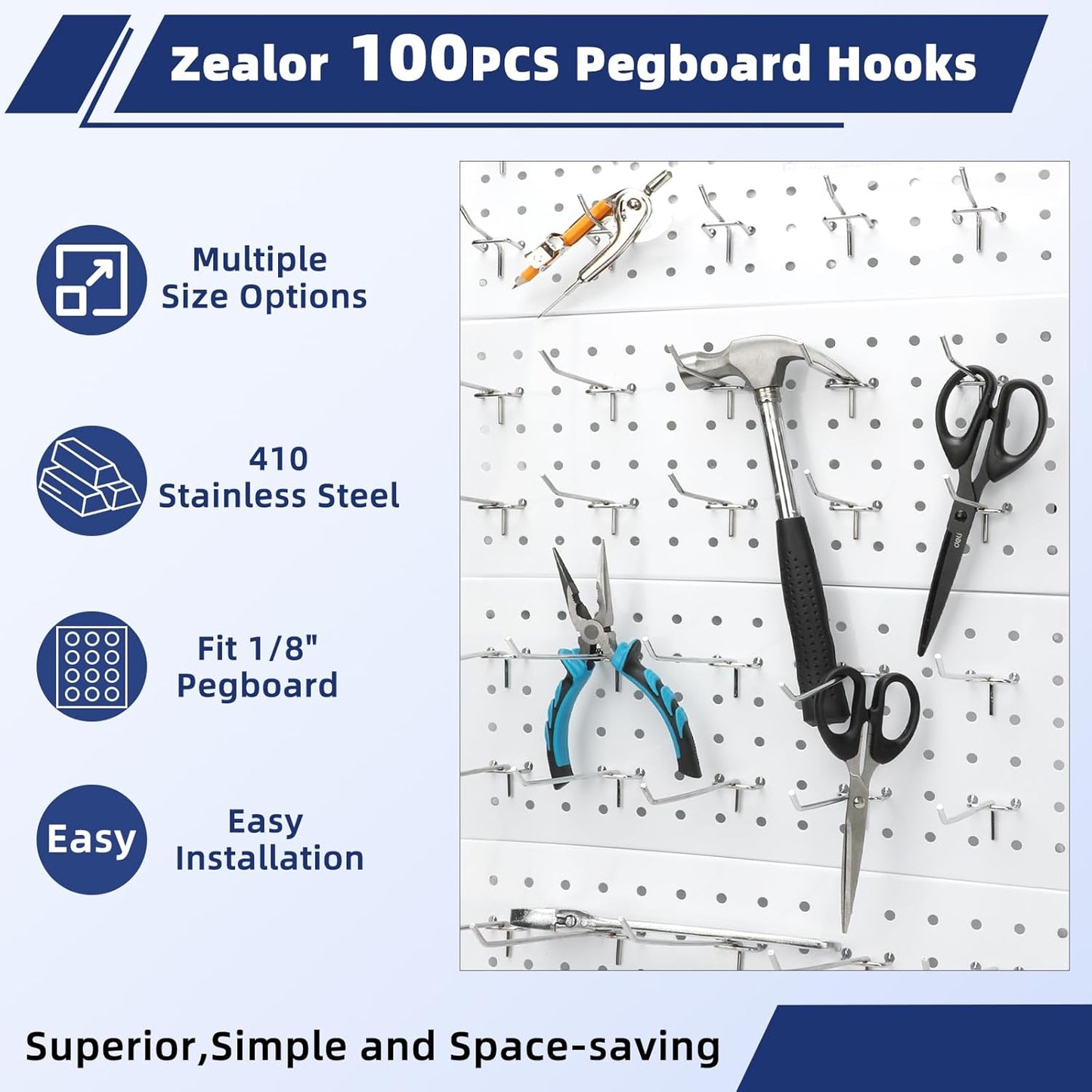 100 Pack Pegboard Hooks Heavy Duty 2 4 6 Inch Pegboard Hooks 1/8 Stainless Steel Peg Board Shelving Hanging Tool Pegs Organizer Accessories Kit for Garage Kitchen Store Craft Organizing Wall Storage