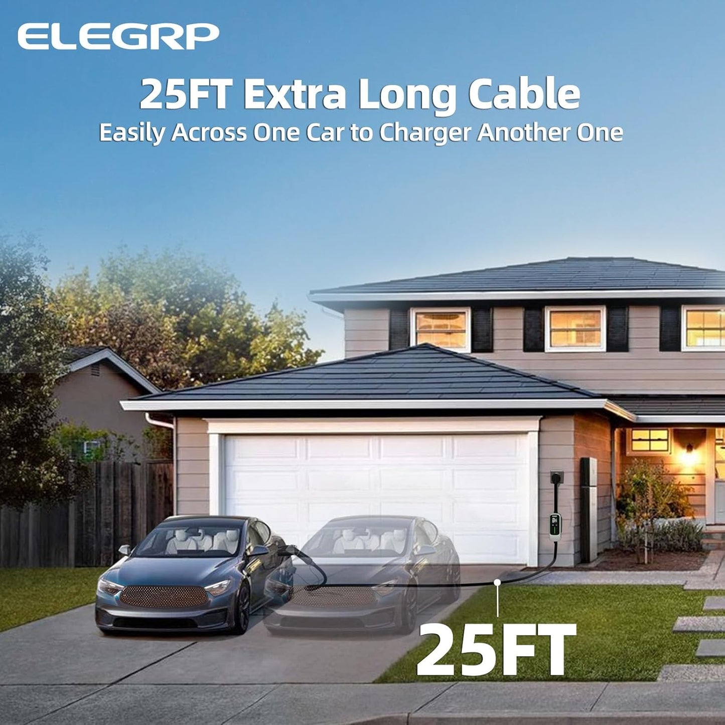 ELEGRP Level 2 EV Charger for Home, 40 Amp, ETL Certified, PBE & LCD Technology, 25ft J1772 Cable with NEMA 14-50 Plug, Plug and Play, 240V for BEVs/PHEVs