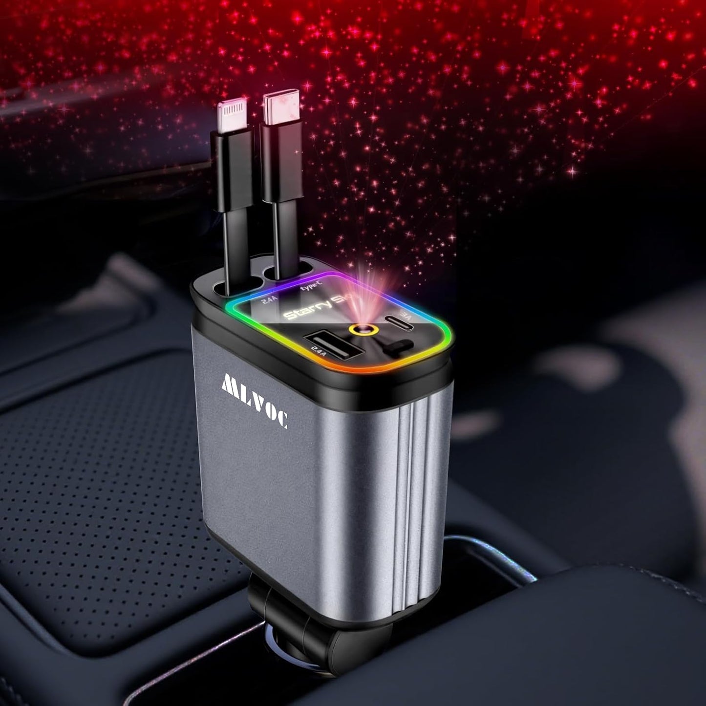 MLVOC Starlight Retractable 66W USB C Car Charger, 4-in-1 Fast Charging Adapter with Dual USB Ports, PD & QC 3.0 for iPhone, Samsung, Android (Black)