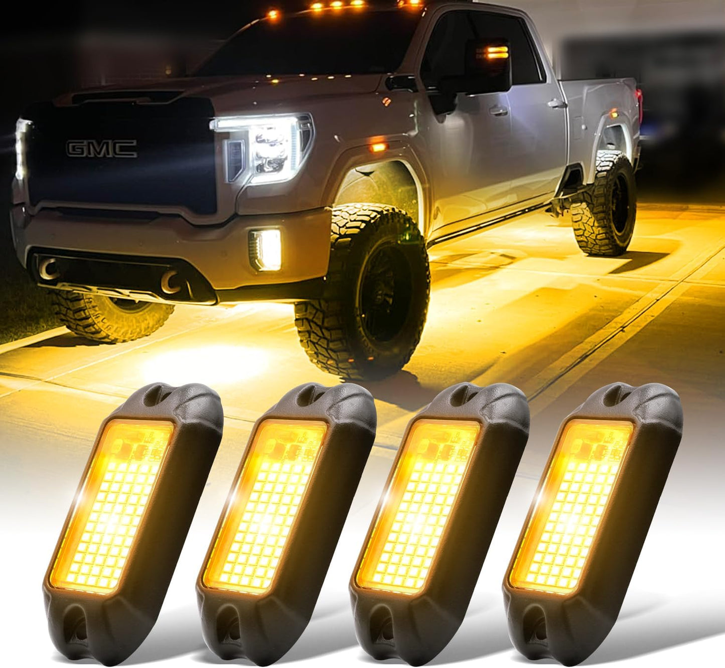 Nicoko 4Pods Pure Yellow 72 LEDs SMD Chips 72w High Power Rock Lights Super Bright Yellow Offroad Car Boat Underglow Lights IP68 Waterproof for Truck SUV UTV ATV RZR